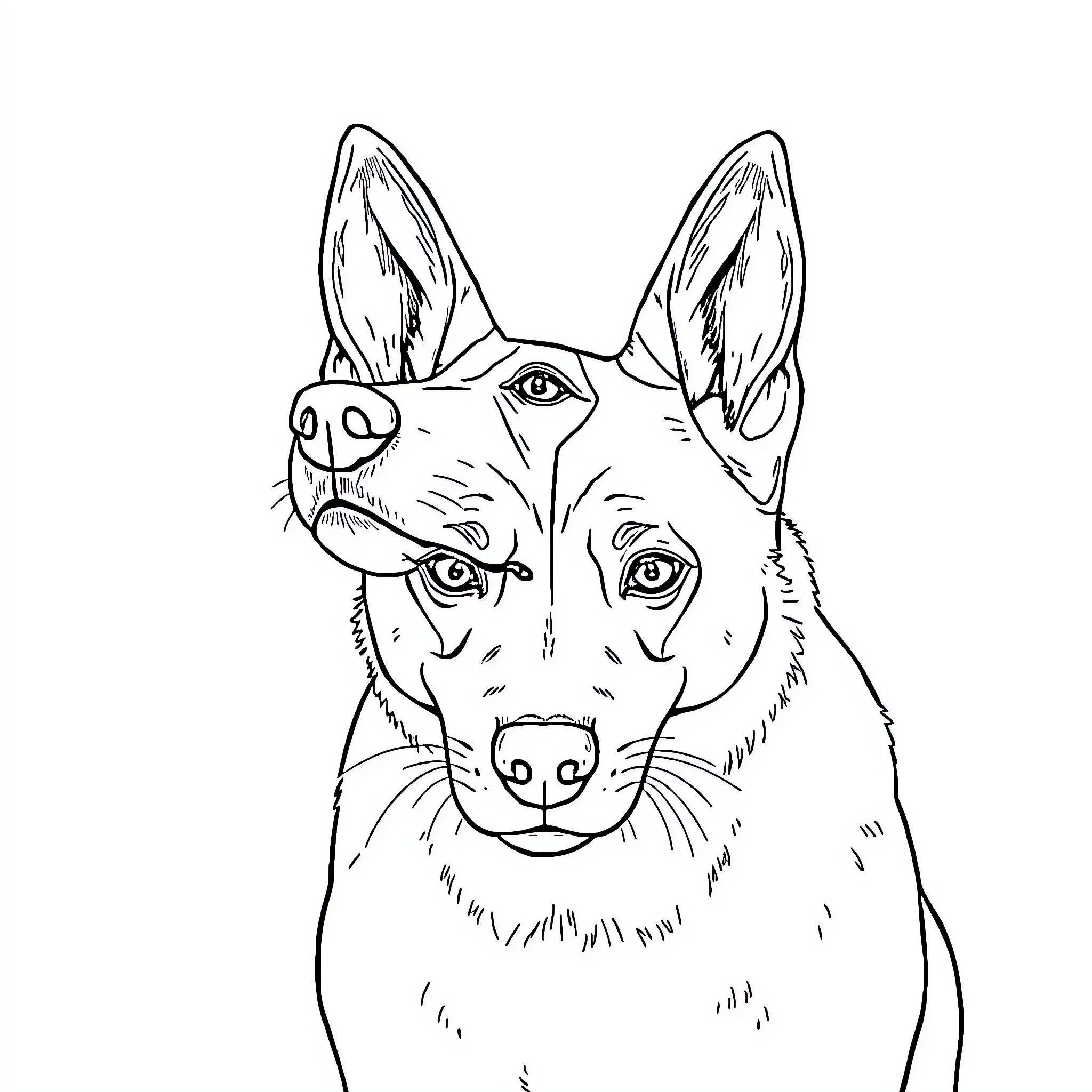 Animal Portrayal of Attentive German Shepherd Coloring Page (free black-and-white line drawing printable PDF for all, from beginners to advanced learners, including children, teens, adults, and seniors)