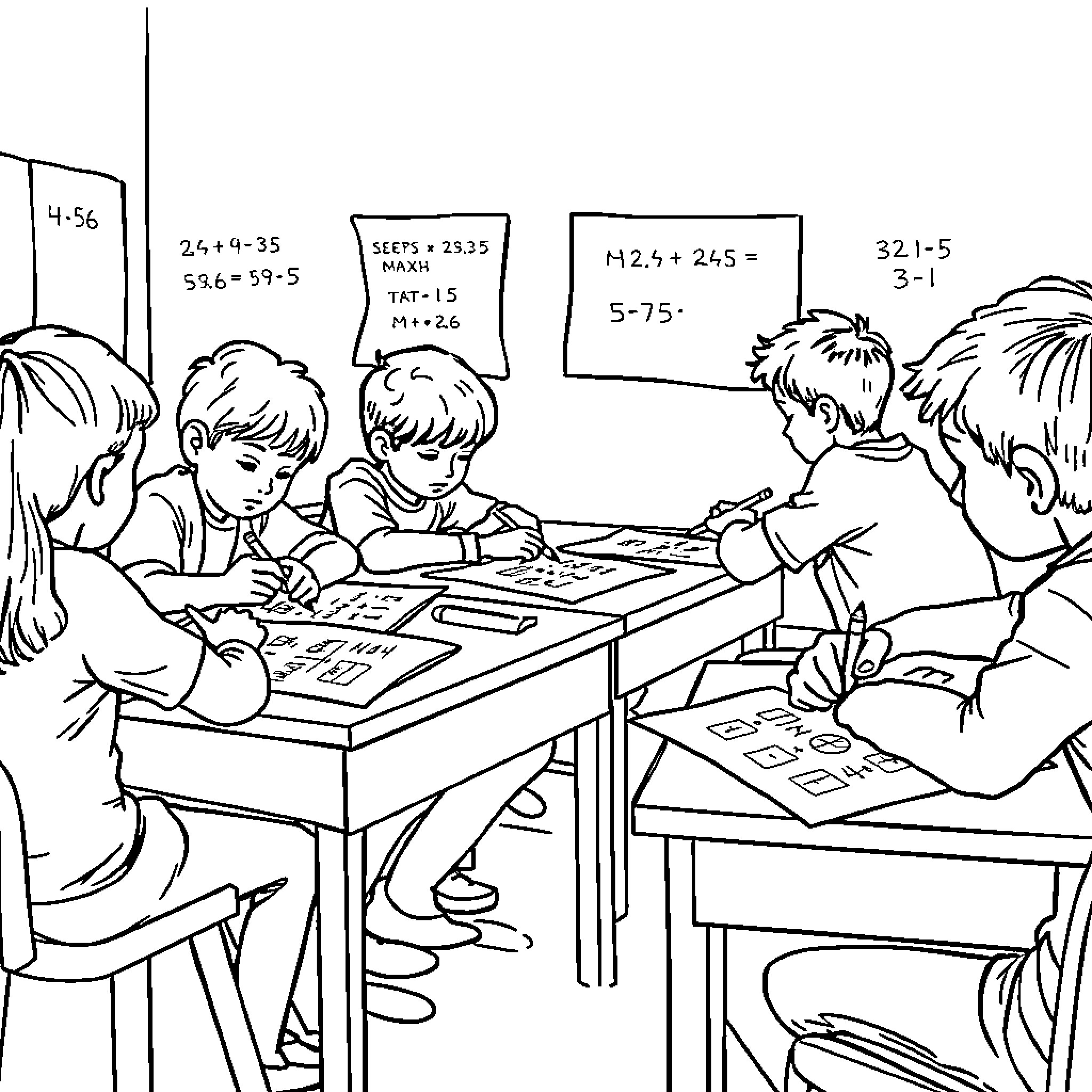 Students Studying Math Equations in Classroom Coloring Page (free black-and-white line drawing printable PDF for all, from beginners to advanced learners, including children, teens, adults, and seniors)