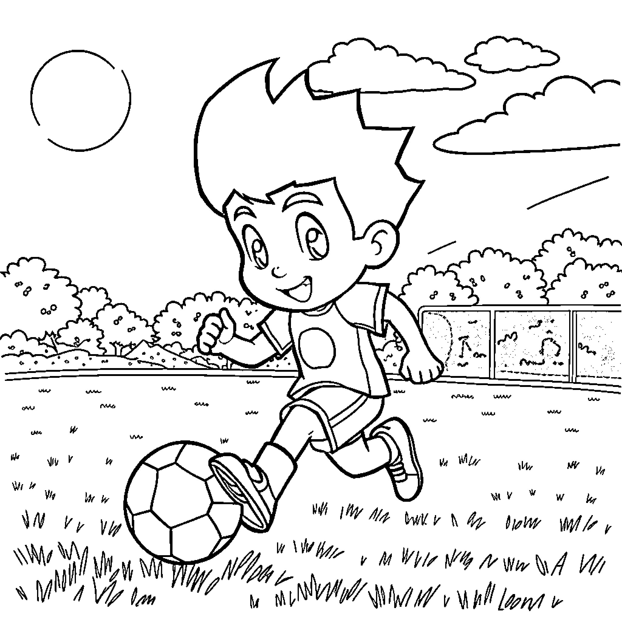 Romi's Lively Soccer Game Coloring Page (free black-and-white line drawing printable PDF for all, from beginners to advanced learners, including children, teens, adults, and seniors)