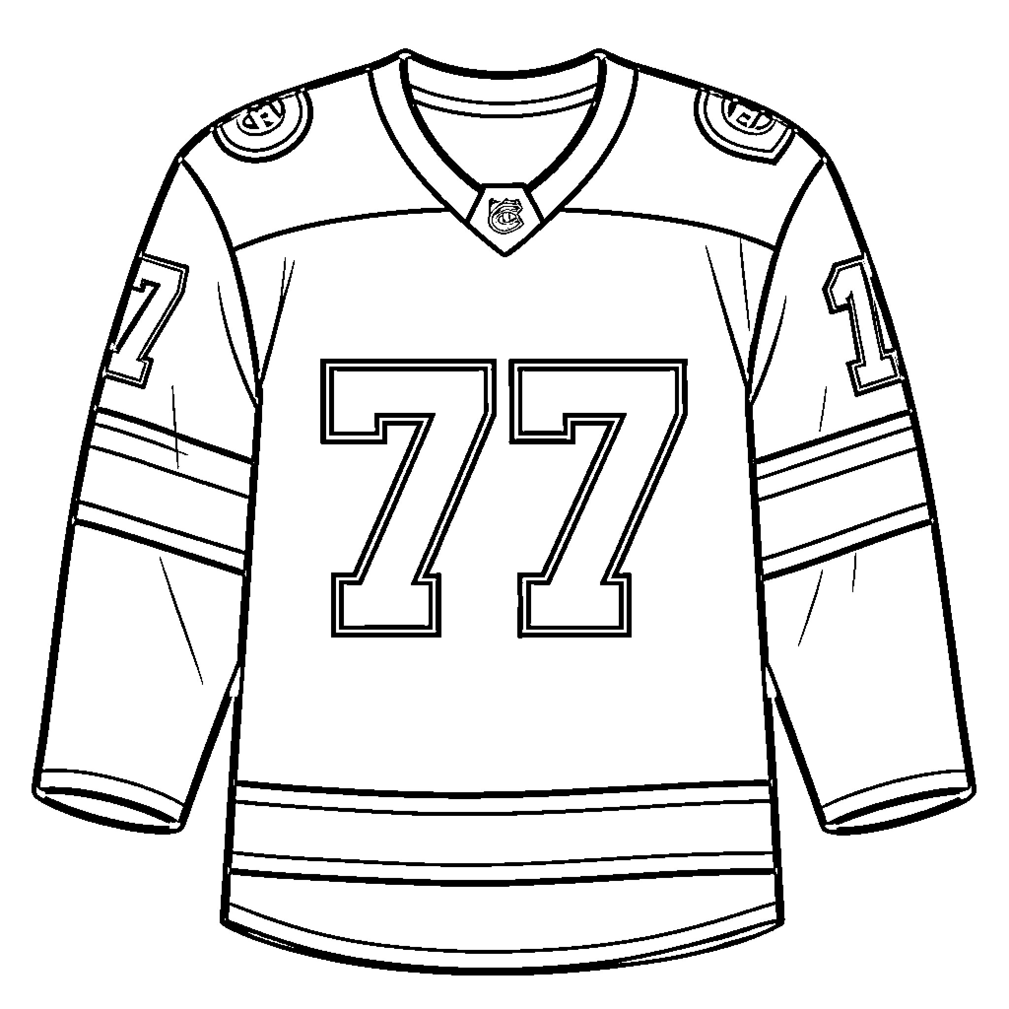 Montreal Canadiens hockey jersey with number seventy seven Coloring Page (free black-and-white line drawing printable PDF for all, from beginners to advanced learners, including children, teens, adults, and seniors)