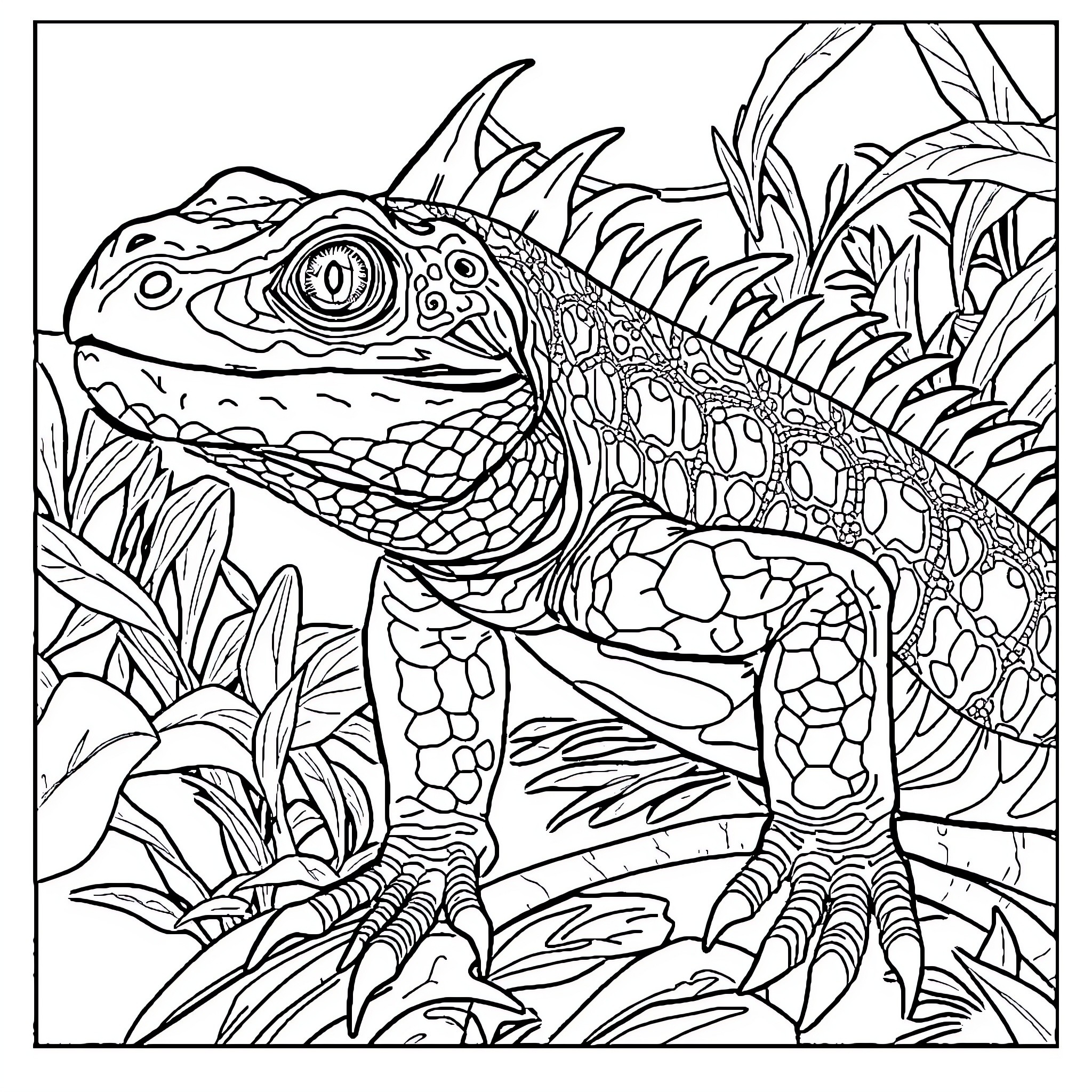 Reptilian Iguana in Lush Tropical Vegetation Coloring Page (free black-and-white line drawing printable PDF for all, from beginners to advanced learners, including children, teens, adults, and seniors)