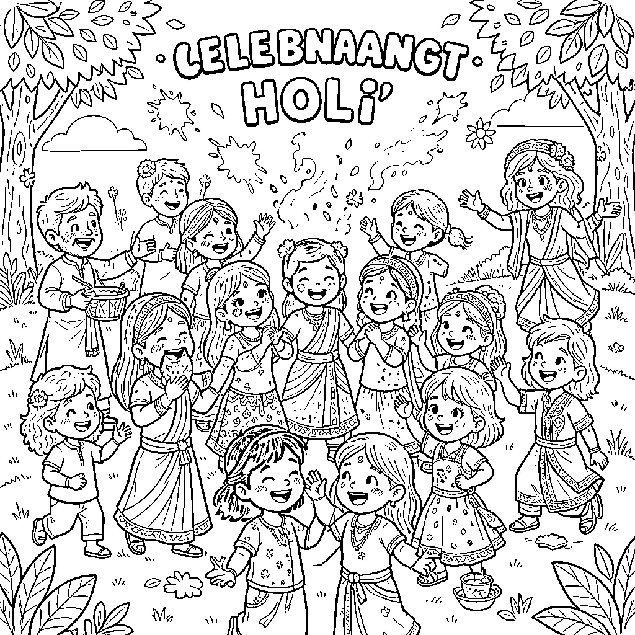 Holi Celebration with Joyful Gathering Coloring Page (free black-and-white line drawing printable PDF for all, from beginners to advanced learners, including children, teens, adults, and seniors)