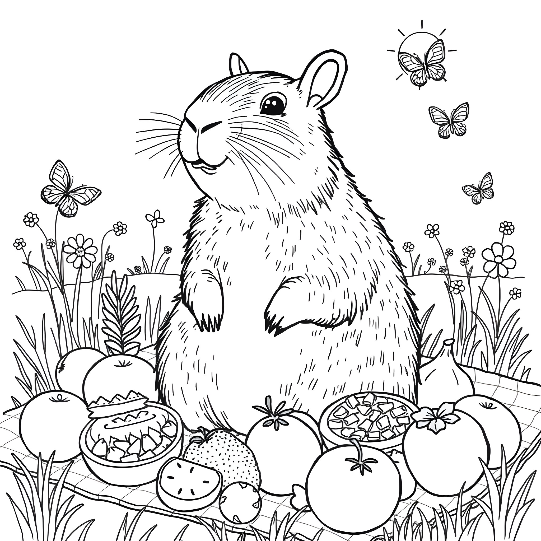 Capybara enjoying nature among flowers and butterflies Coloring Page (free black-and-white line drawing printable PDF for all, from beginners to advanced learners, including children, teens, adults, and seniors)