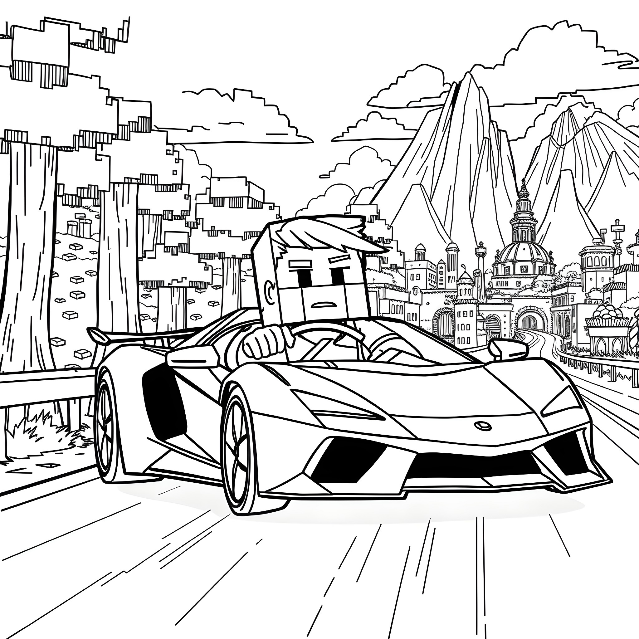 Supercar racing through a futuristic city landscape Coloring Page (free black-and-white line drawing printable PDF for all, from beginners to advanced learners, including children, teens, adults, and seniors)