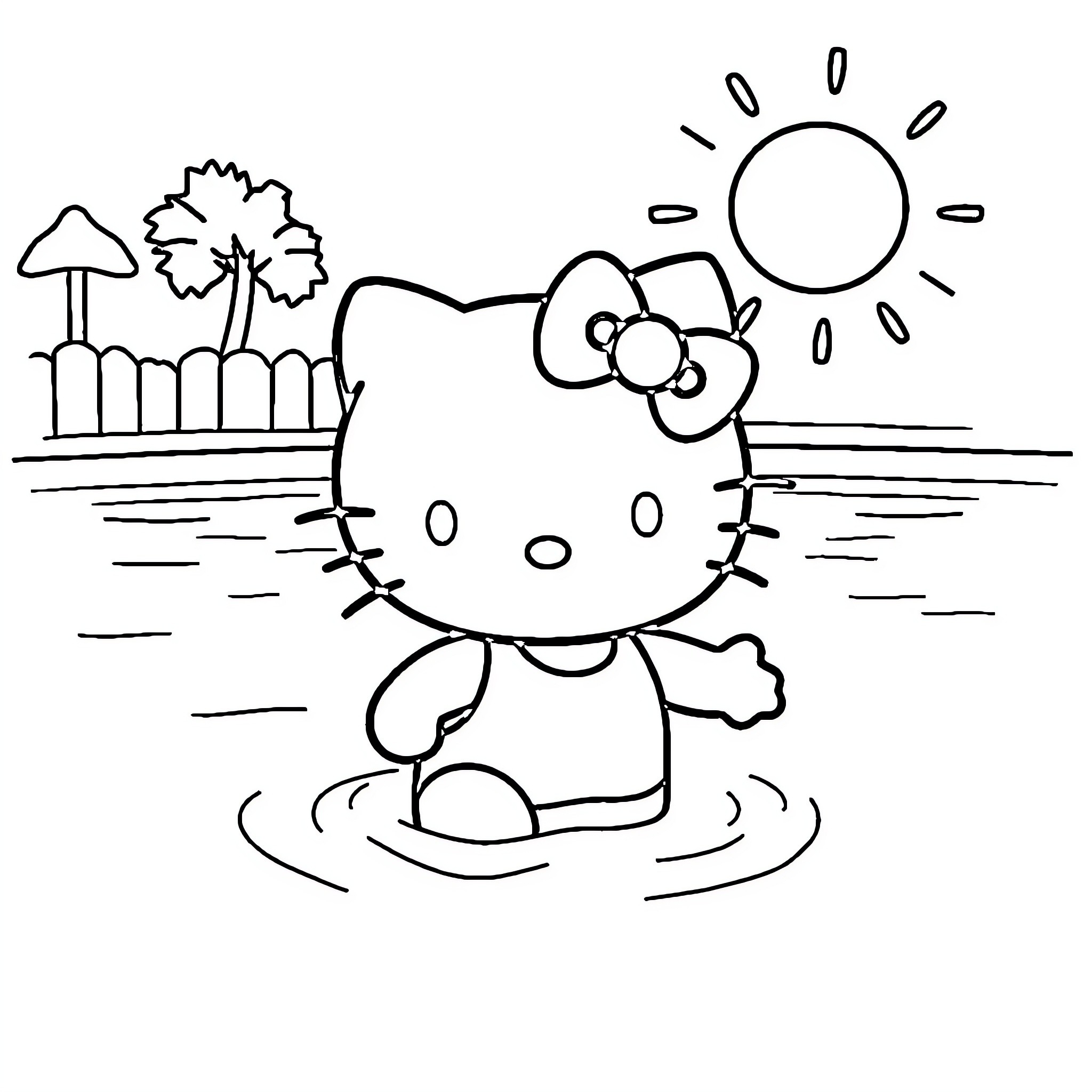 Hello Kitty playing by the lake Coloring Page (free black-and-white line drawing printable PDF for all, from beginners to advanced learners, including children, teens, adults, and seniors)