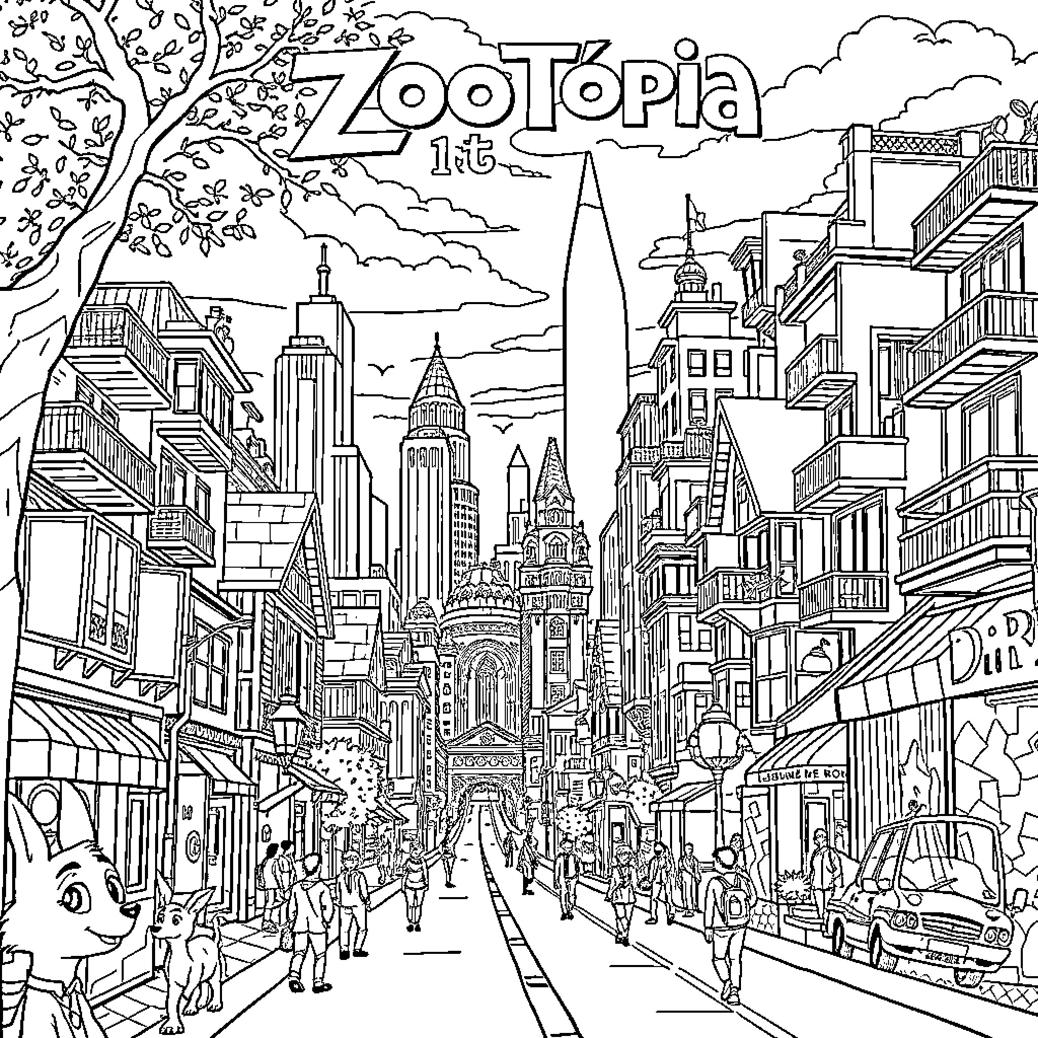 Zootopia city scene with busy street life Coloring Page (free black-and-white line drawing printable PDF for all, from beginners to advanced learners, including children, teens, adults, and seniors)