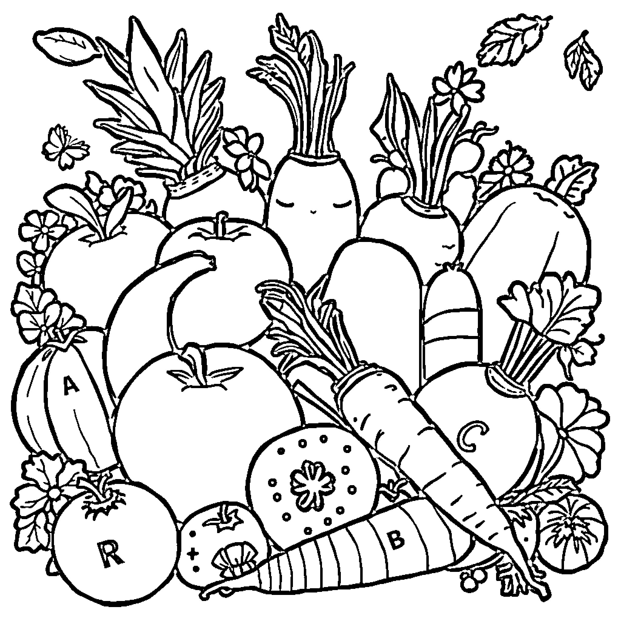 Fruit and Vegetable Bounty with Floral Accents Coloring Page (free black-and-white line drawing printable PDF for all, from beginners to advanced learners, including children, teens, adults, and seniors)