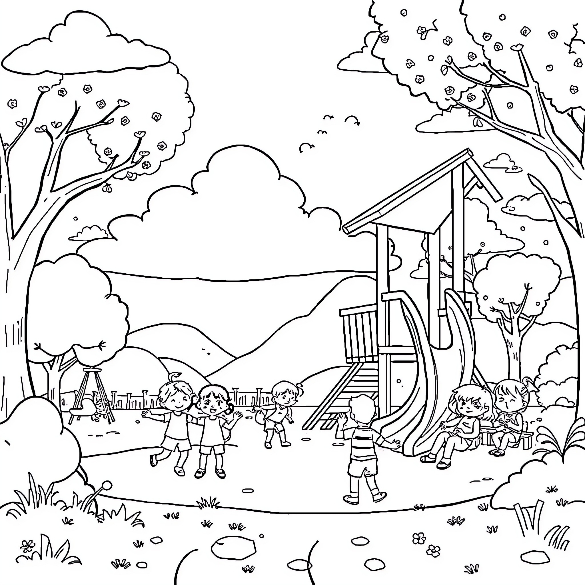 Kids playing happily in the park Coloring Page (free black-and-white line drawing printable PDF for all, from beginners to advanced learners, including children, teens, adults, and seniors)