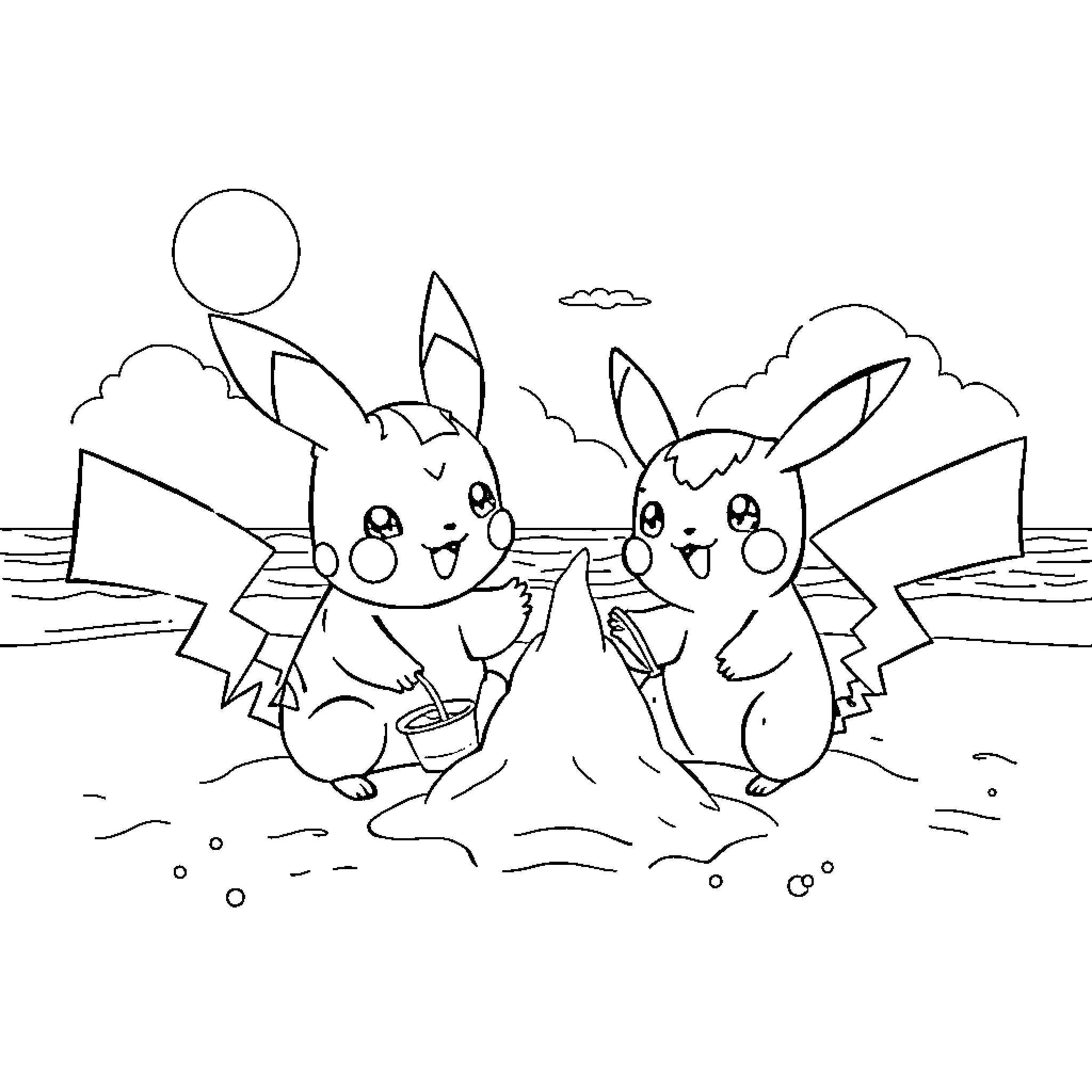 Quaxly and Pikachu playing happily on the beach Coloring Page (free black-and-white line drawing printable PDF for all, from beginners to advanced learners, including children, teens, adults, and seniors)