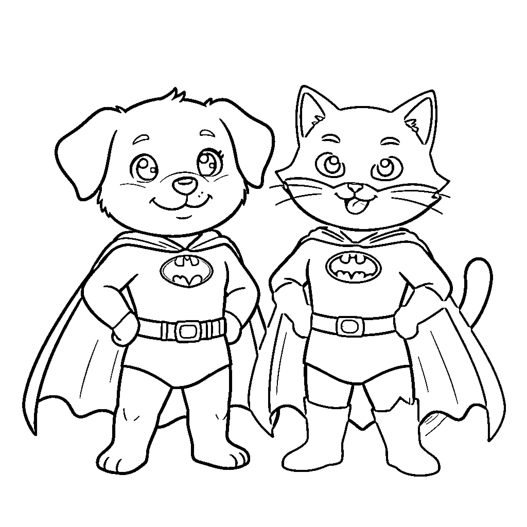 Dog and Cat Superheroes in Costume Coloring Page (free black-and-white line drawing printable PDF for all, from beginners to advanced learners, including children, teens, adults, and seniors)