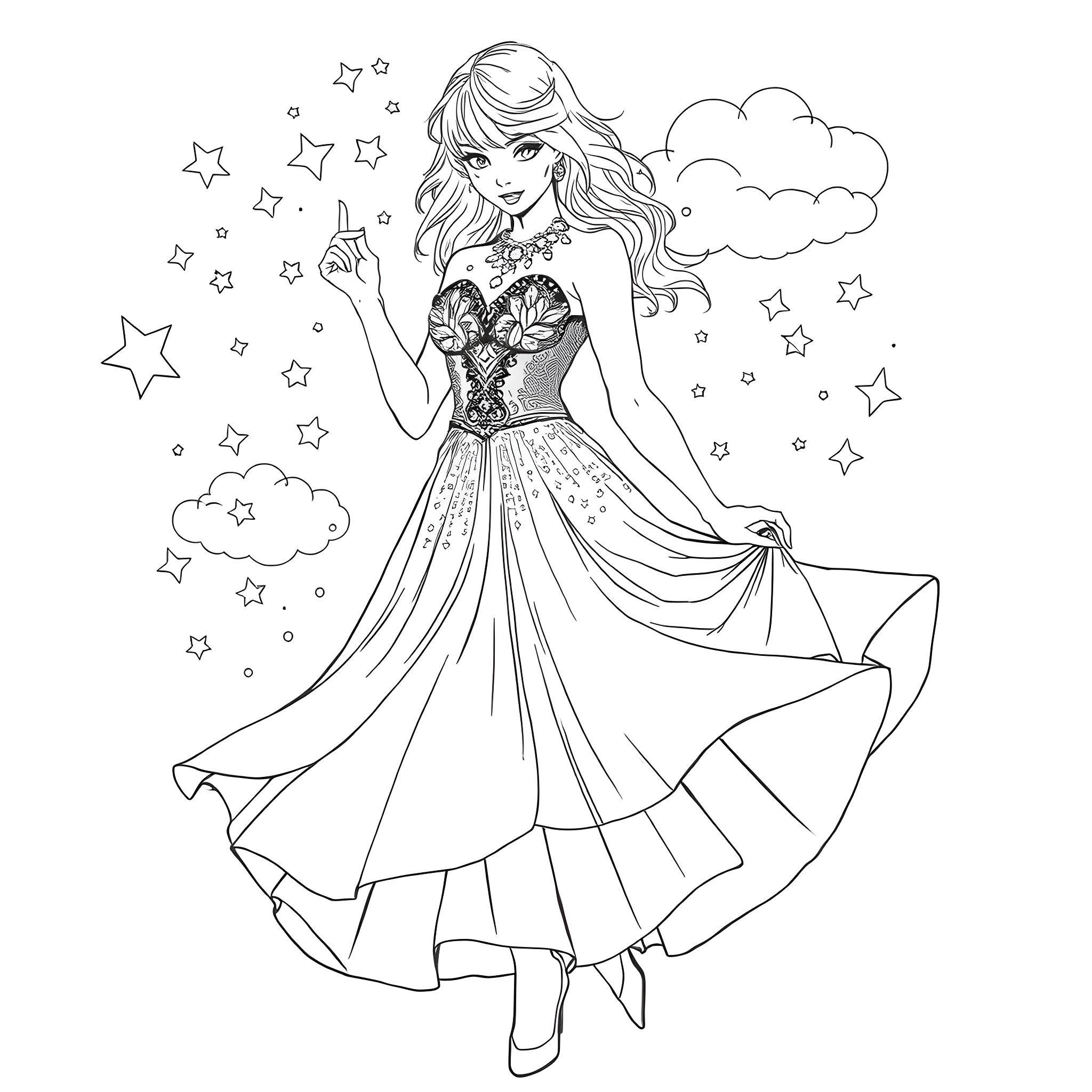 Taylor Swift dreaming under the starry night sky Coloring Page (free black-and-white line drawing printable PDF for all, from beginners to advanced learners, including children, teens, adults, and seniors)