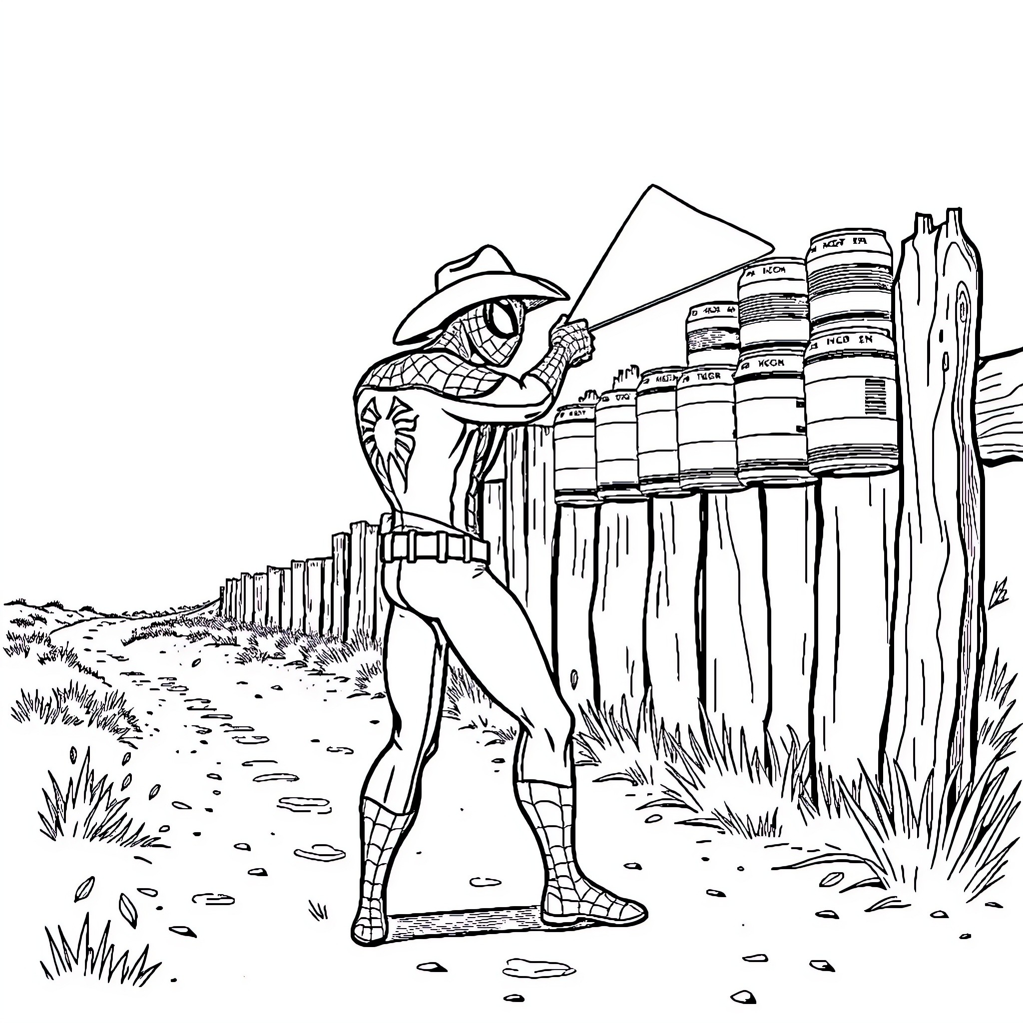 Spider-Man surveying the desert landscape Coloring Page (free black-and-white line drawing printable PDF for all, from beginners to advanced learners, including children, teens, adults, and seniors)