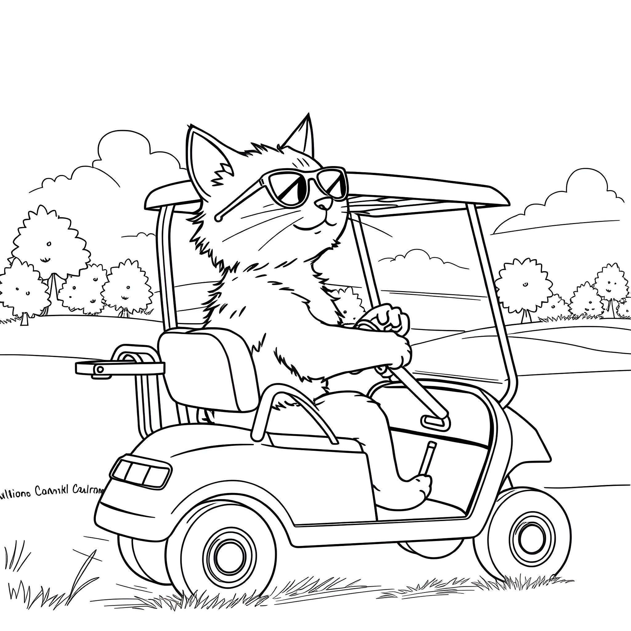 Cat driving a golf cart in the park Coloring Page (free black-and-white line drawing printable PDF for all, from beginners to advanced learners, including children, teens, adults, and seniors)