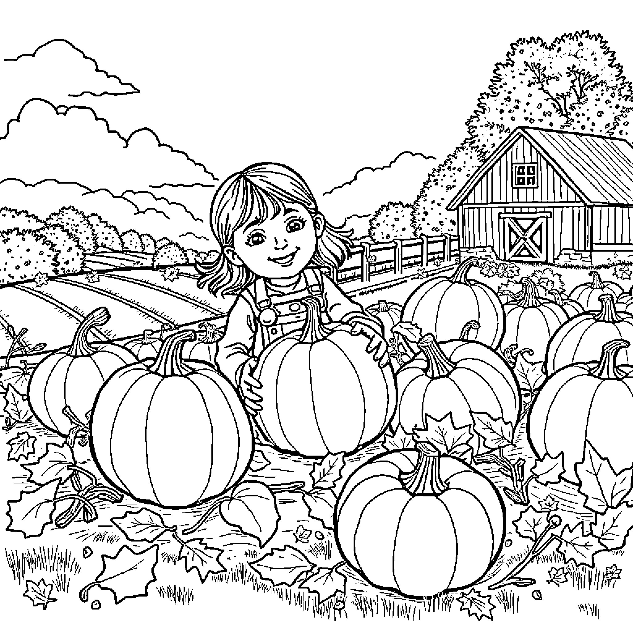 Girl enjoying pumpkin patch on a farm Coloring Page (free black-and-white line drawing printable PDF for all, from beginners to advanced learners, including children, teens, adults, and seniors)