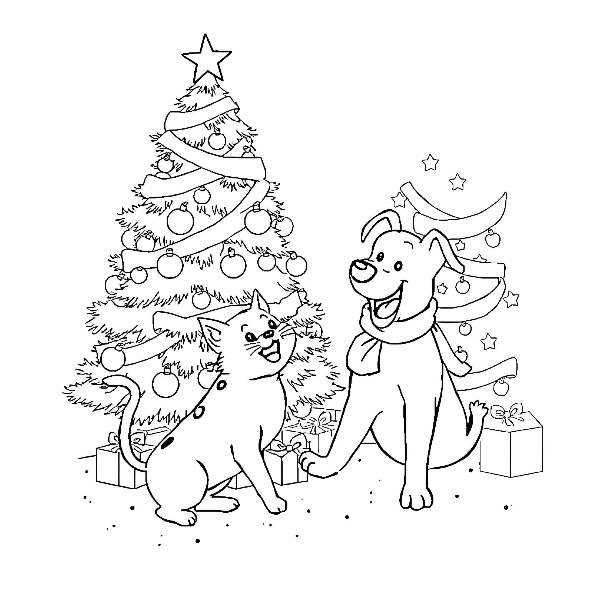 Cat and Dog Celebrating Christmas Near Tree Coloring Page (free black-and-white line drawing printable PDF for all, from beginners to advanced learners, including children, teens, adults, and seniors)