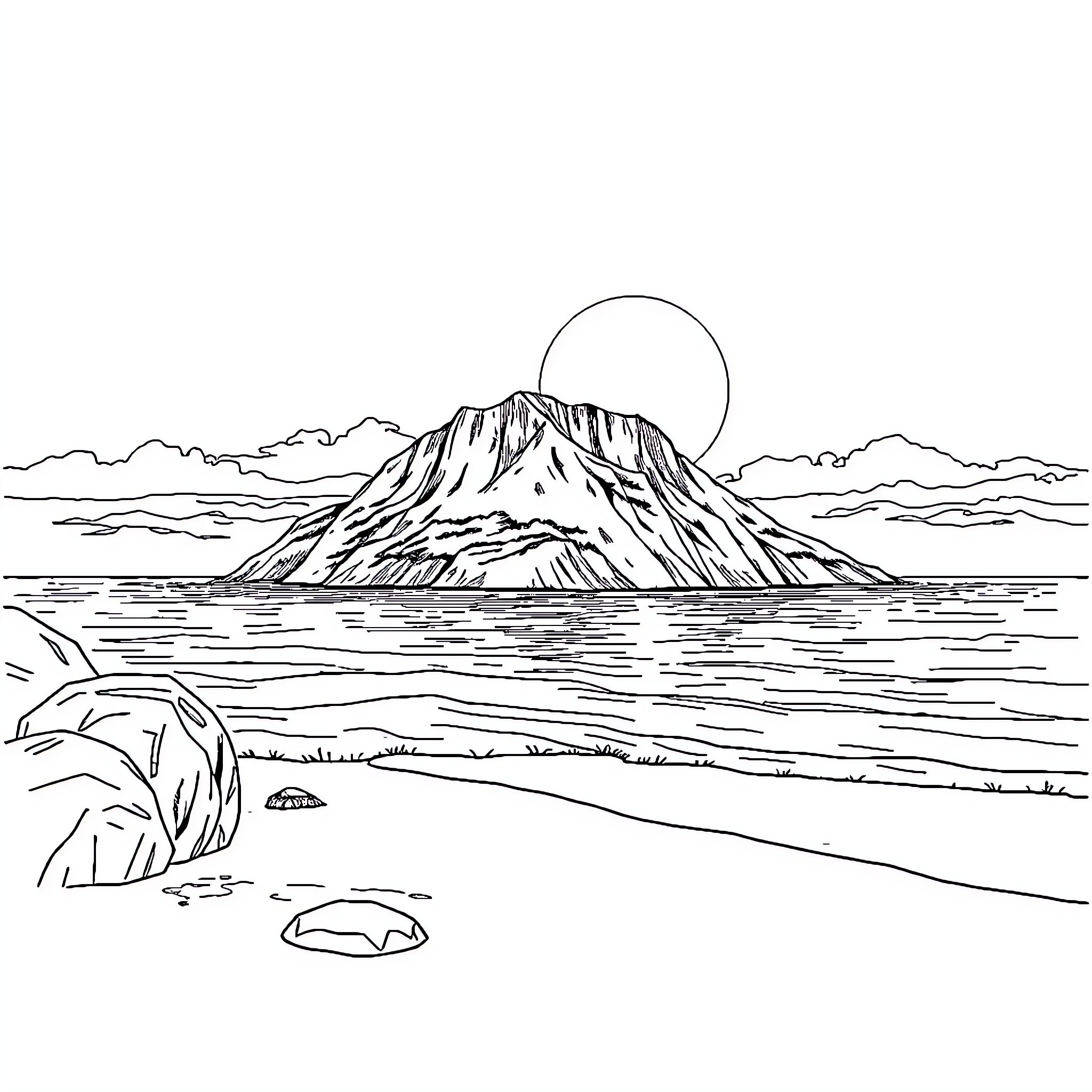 Stérec Island with majestic mountain and serene lake Coloring Page (free black-and-white line drawing printable PDF for all, from beginners to advanced learners, including children, teens, adults, and seniors)