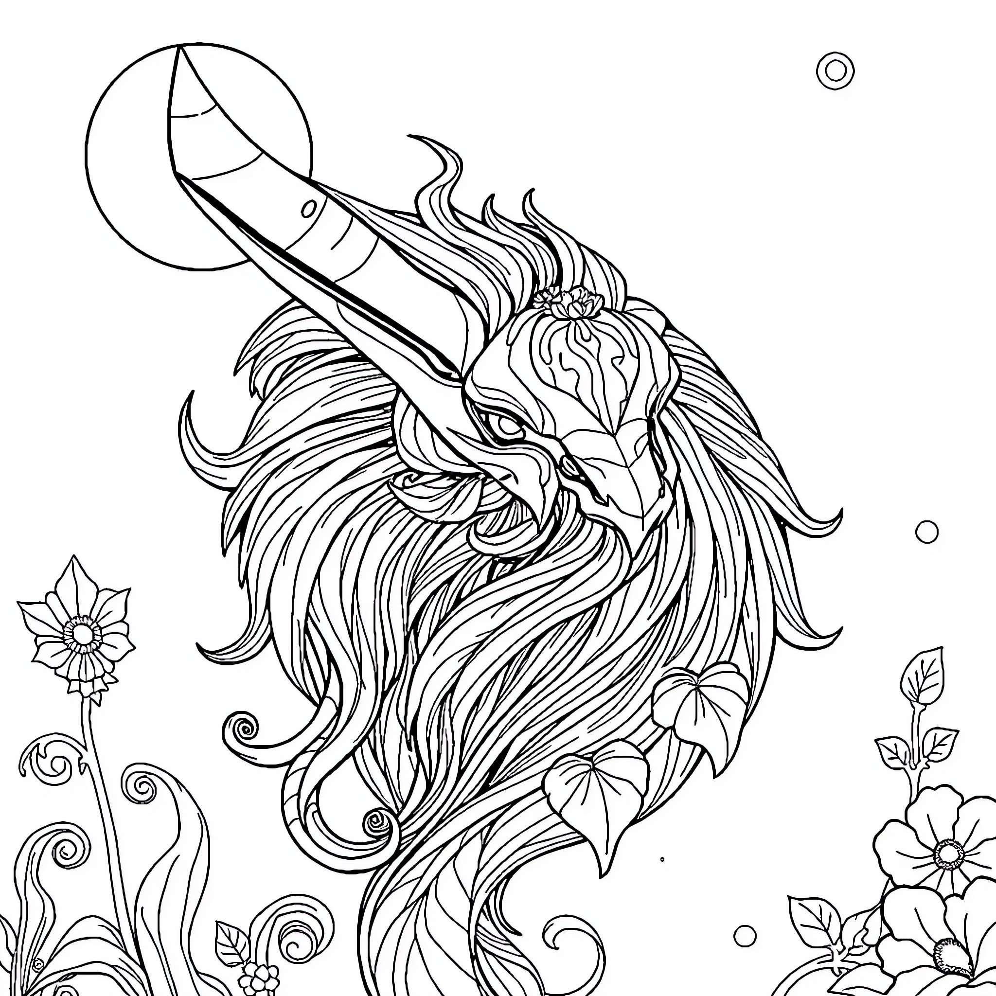 Drawing of a Majestic Unicorn in a Floral Scene Coloring Page (free black-and-white line drawing printable PDF for all, from beginners to advanced learners, including children, teens, adults, and seniors)