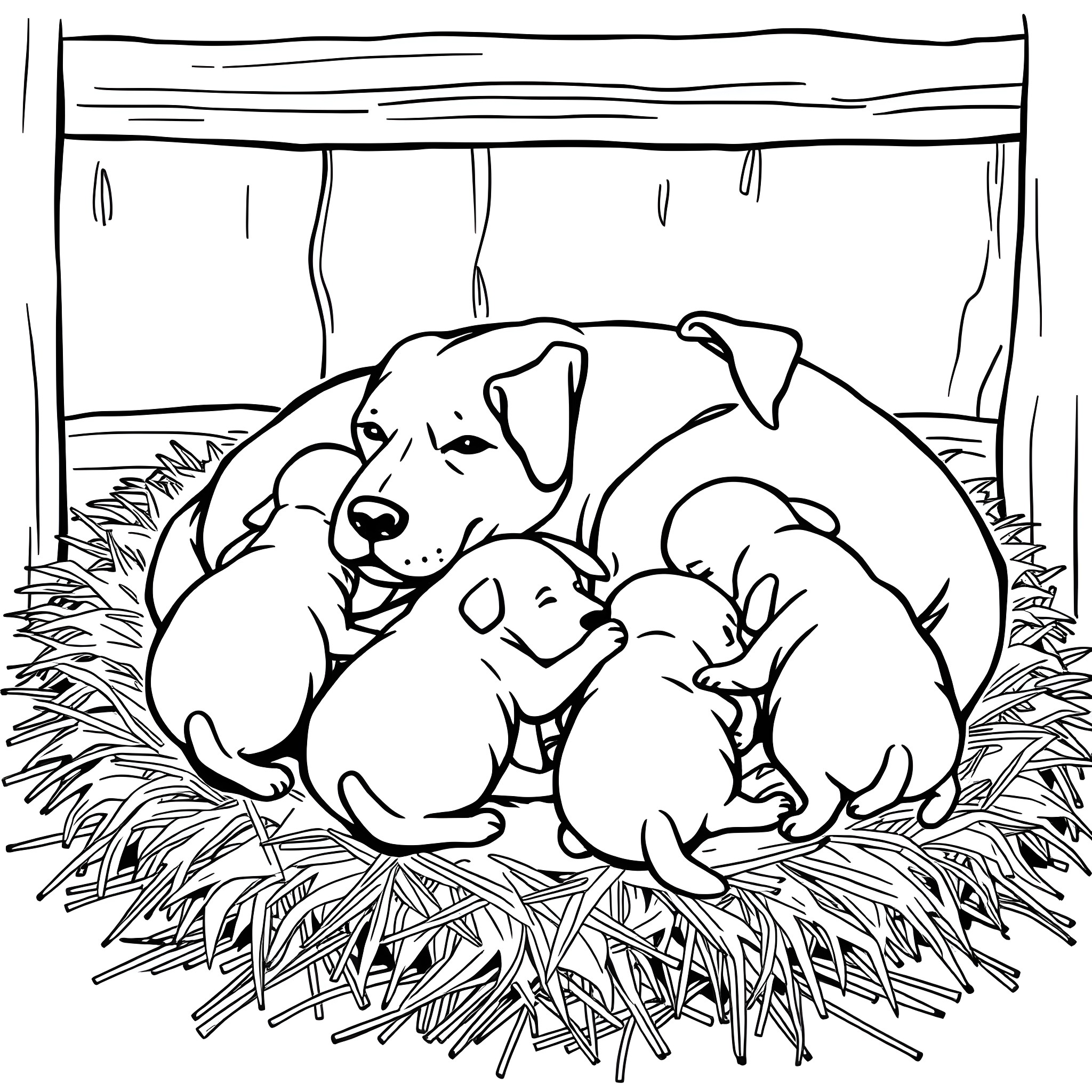 Dog and Puppies Sleeping in a Cozy Nest Coloring Page (free black-and-white line drawing printable PDF for all, from beginners to advanced learners, including children, teens, adults, and seniors)