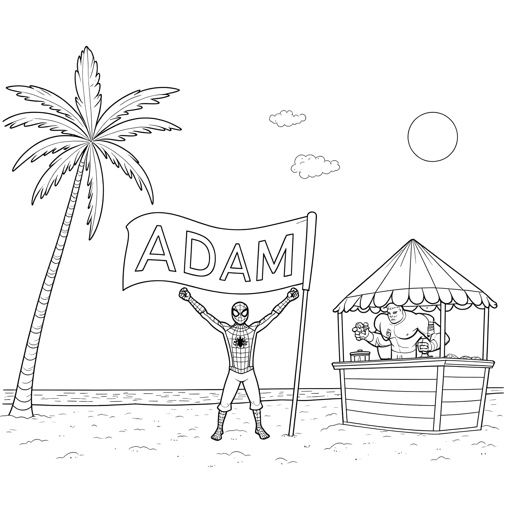 Spiderman celebrates victory on the beach with vendors Coloring Page (free black-and-white line drawing printable PDF for all, from beginners to advanced learners, including children, teens, adults, and seniors)