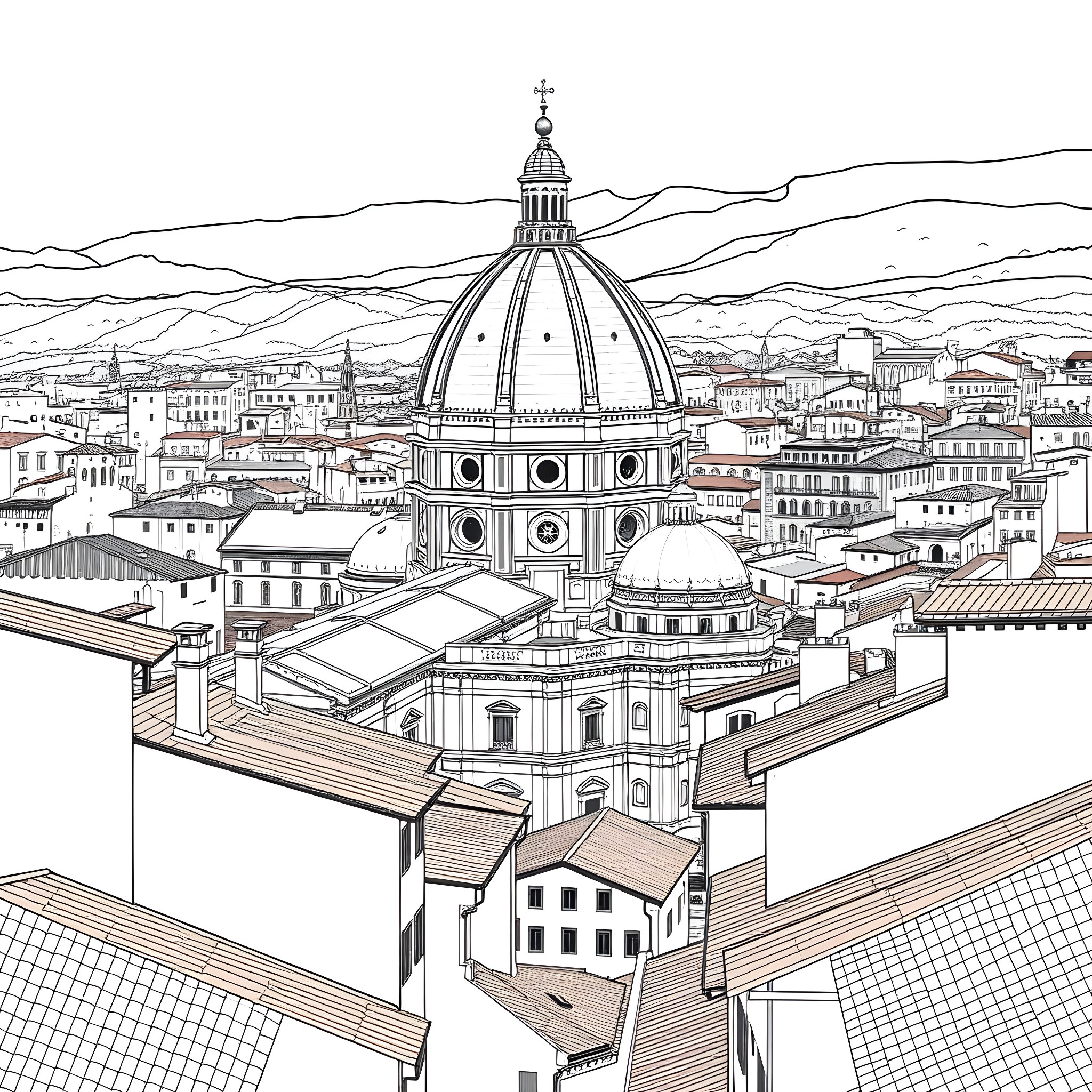 Florence's Iconic Domed Cathedral Overlooking the Historic City Coloring Page (free black-and-white line drawing printable PDF for all, from beginners to advanced learners, including children, teens, adults, and seniors)