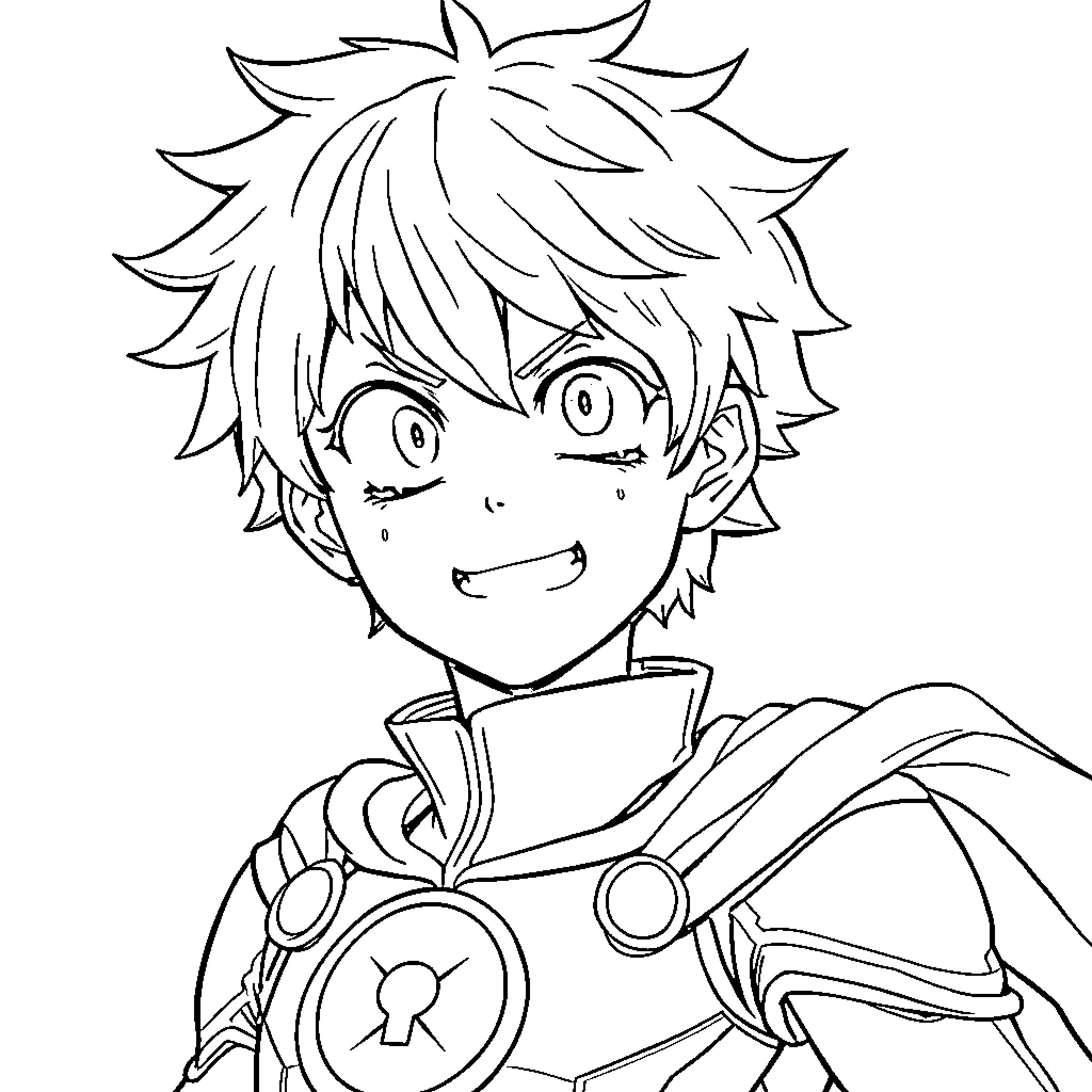 Izuku Midoriya Smiling in Hero Outfit Coloring Page (free black-and-white line drawing printable PDF for all, from beginners to advanced learners, including children, teens, adults, and seniors)