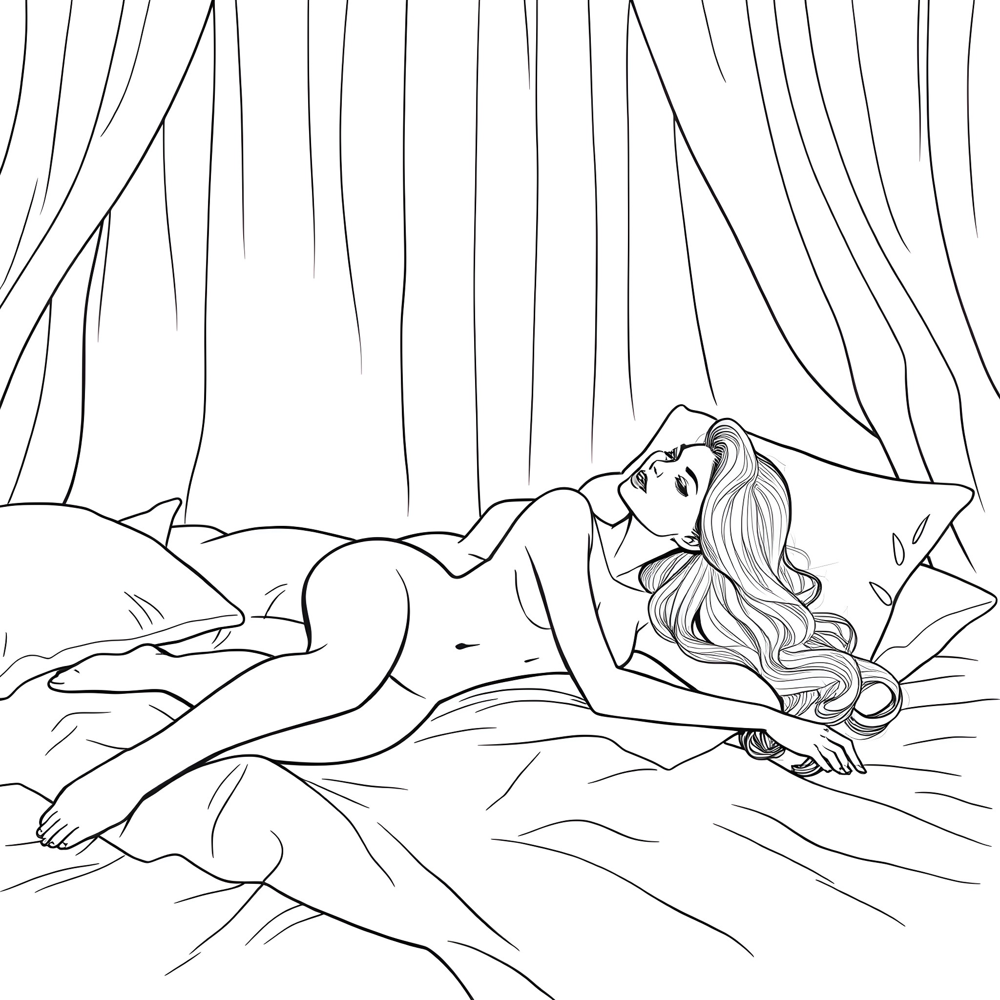 Woman resting peacefully on the bed Coloring Page (free black-and-white line drawing printable PDF for all, from beginners to advanced learners, including children, teens, adults, and seniors)