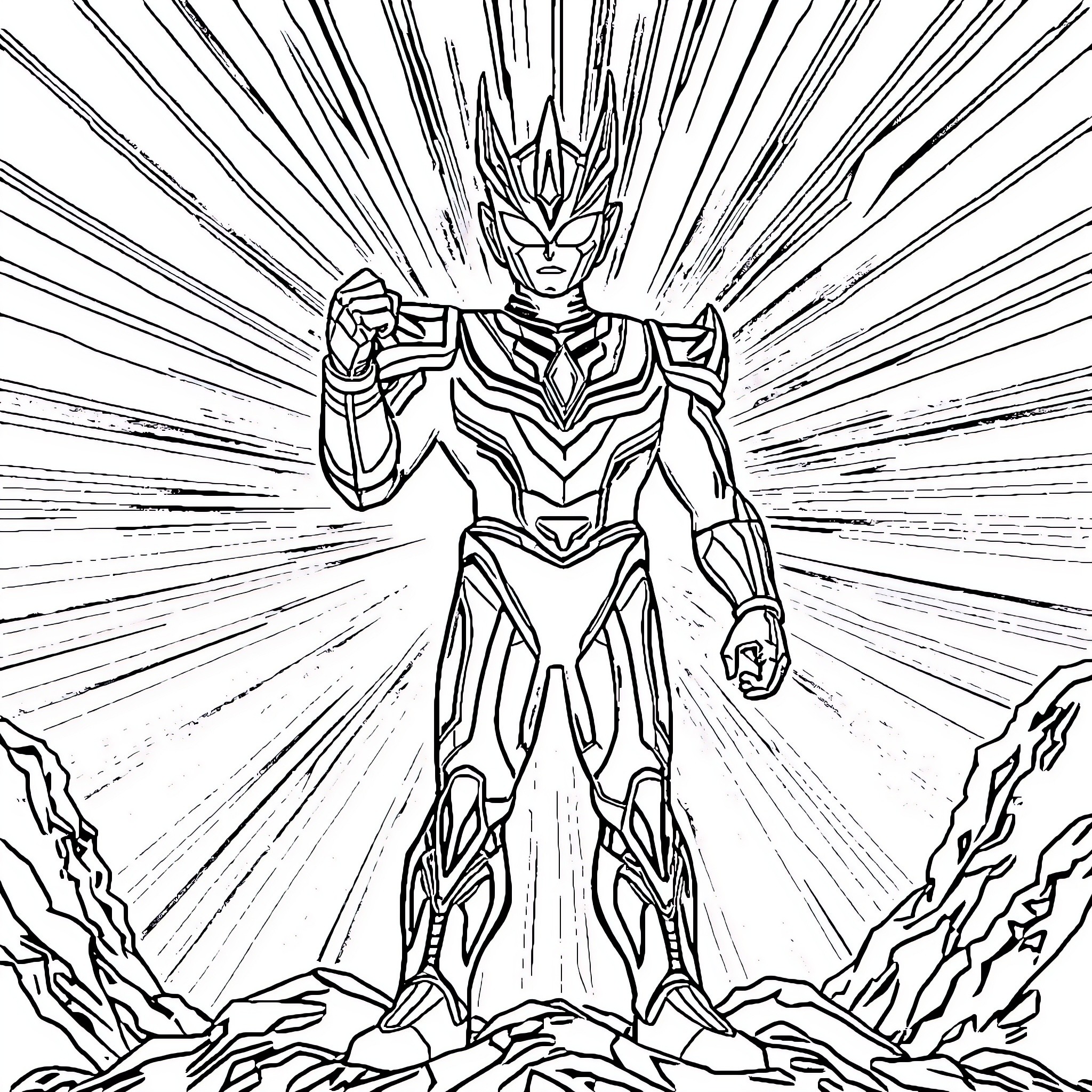 Ultraman hero in powerful heroic pose Coloring Page (free black-and-white line drawing printable PDF for all, from beginners to advanced learners, including children, teens, adults, and seniors)