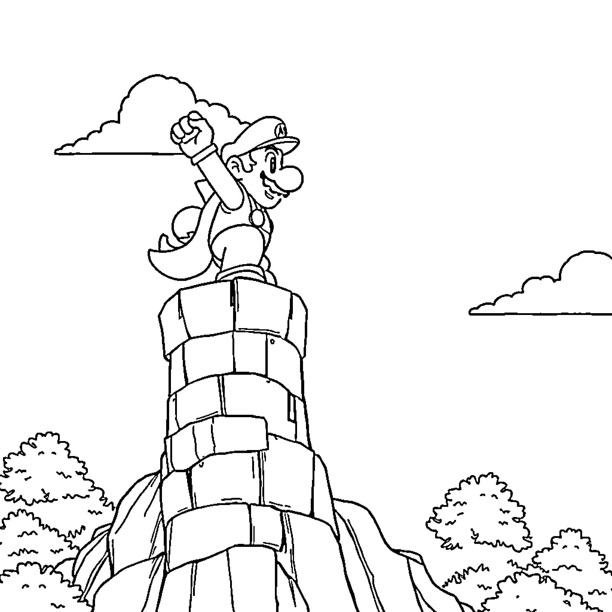 Mario jumping excitedly on a tall, blocky structure Coloring Page (free black-and-white line drawing printable PDF for all, from beginners to advanced learners, including children, teens, adults, and seniors)