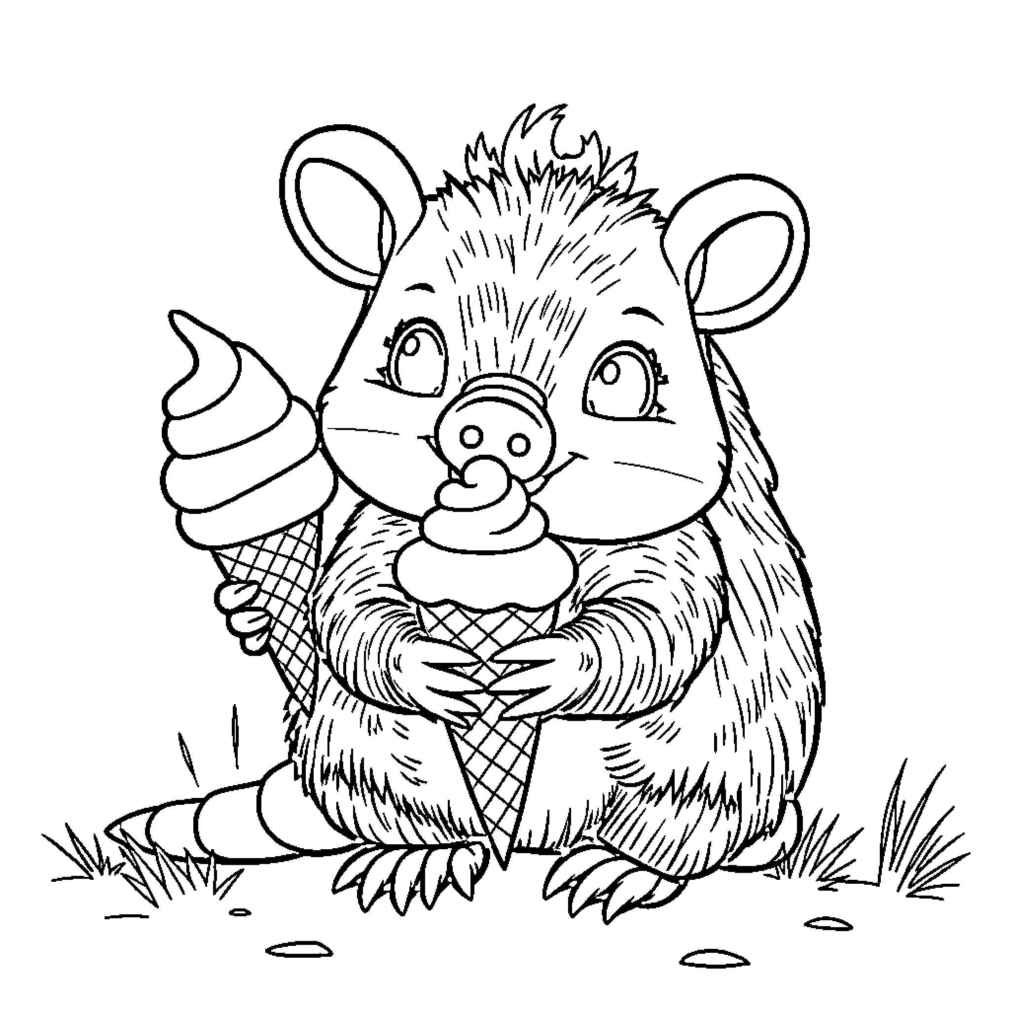 Armadillo enjoying an ice cream cone in the grass Coloring Page (free black-and-white line drawing printable PDF for all, from beginners to advanced learners, including children, teens, adults, and seniors)