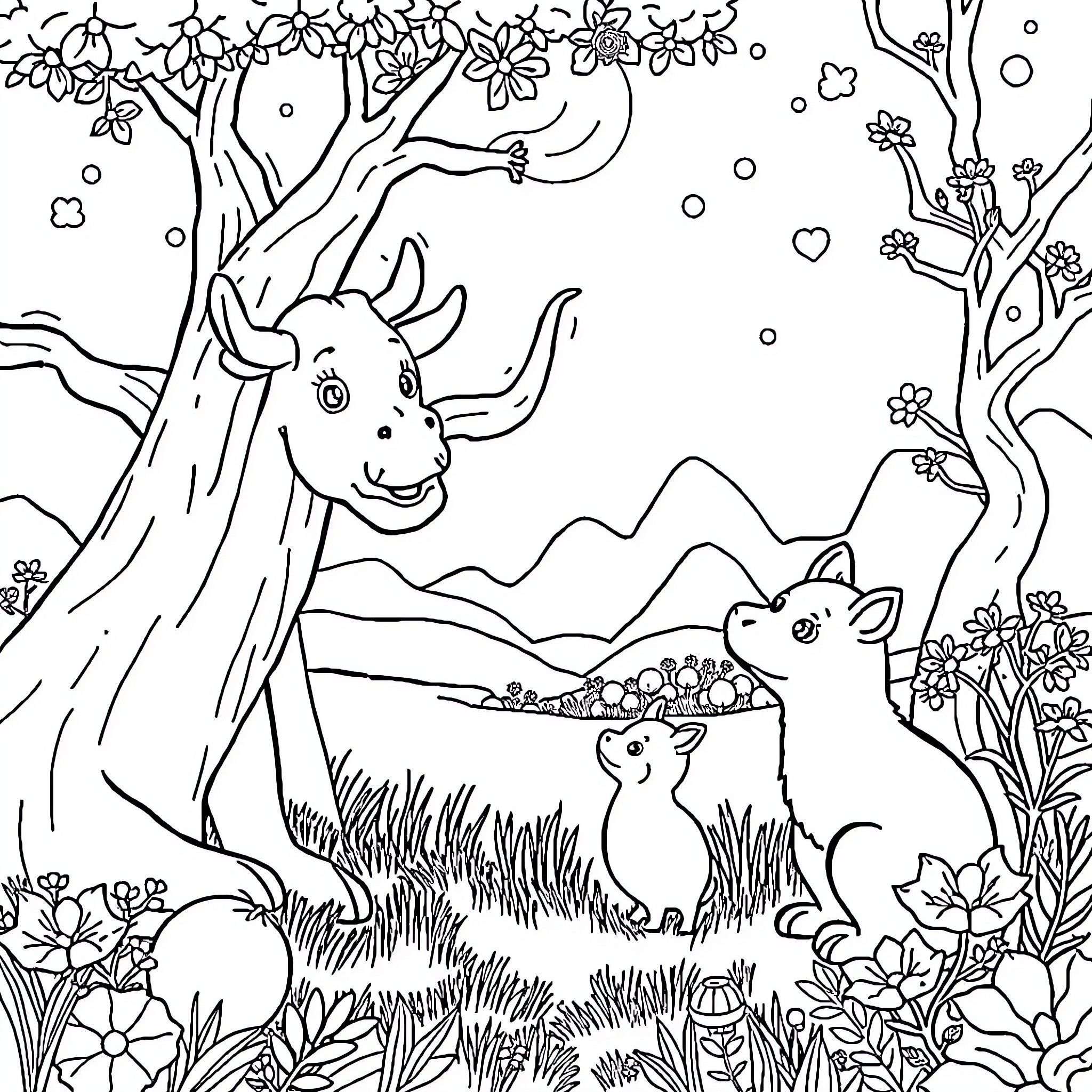Kids' Whimsical Forest Adventure Coloring Page (free black-and-white line drawing printable PDF for all, from beginners to advanced learners, including children, teens, adults, and seniors)