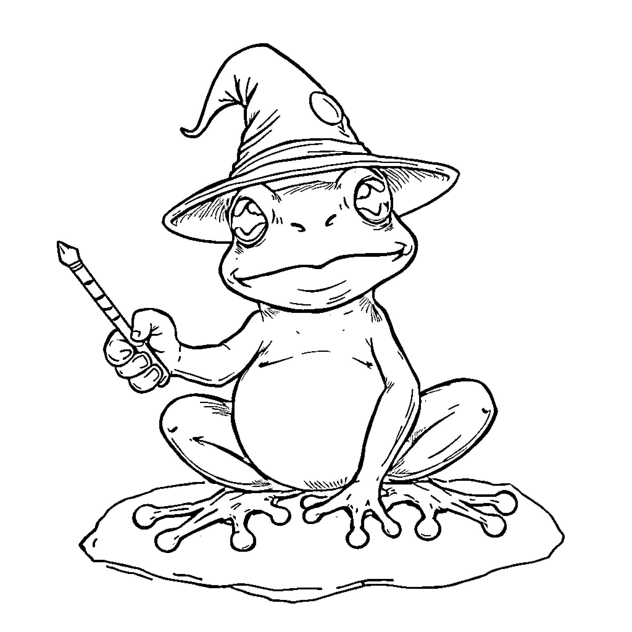 Frog in a Witch's Hat with a Magic Wand Coloring Page (free black-and-white line drawing printable PDF for all, from beginners to advanced learners, including children, teens, adults, and seniors)