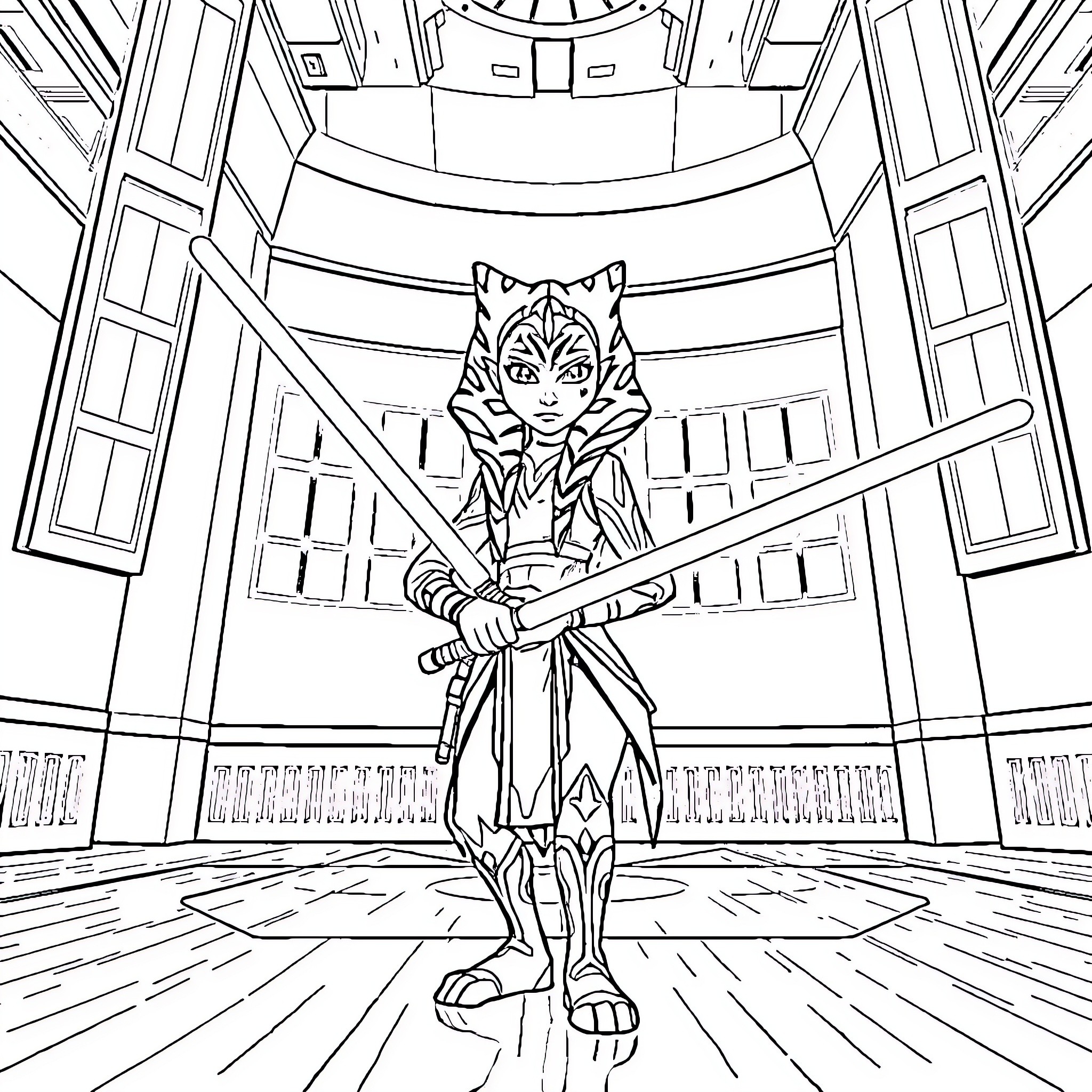 Ahsoka standing firmly with lightsaber in grand chamber Coloring Page (free black-and-white line drawing printable PDF for all, from beginners to advanced learners, including children, teens, adults, and seniors)