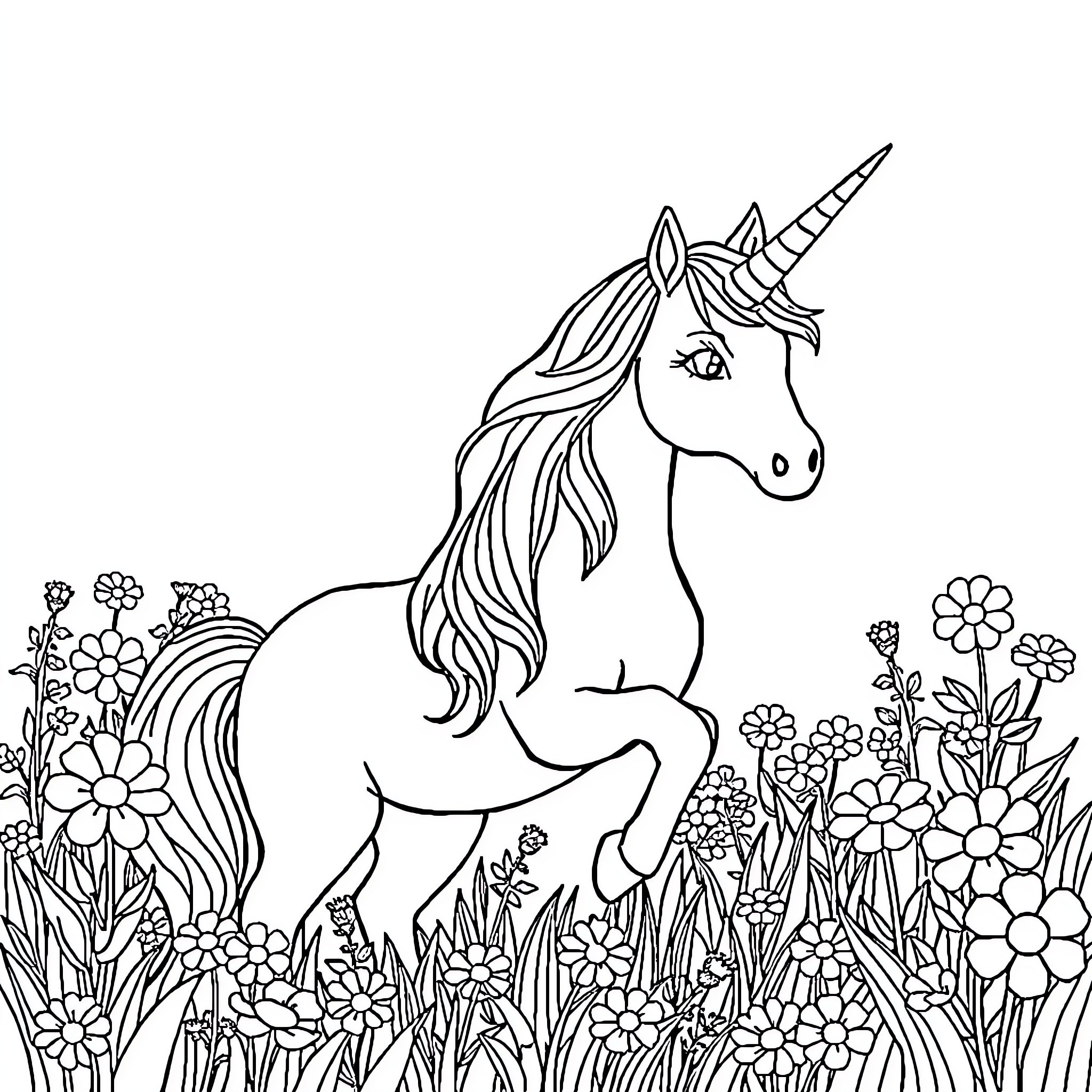 Unicorn amidst vibrant floral landscape Coloring Page (free black-and-white line drawing printable PDF for all, from beginners to advanced learners, including children, teens, adults, and seniors)