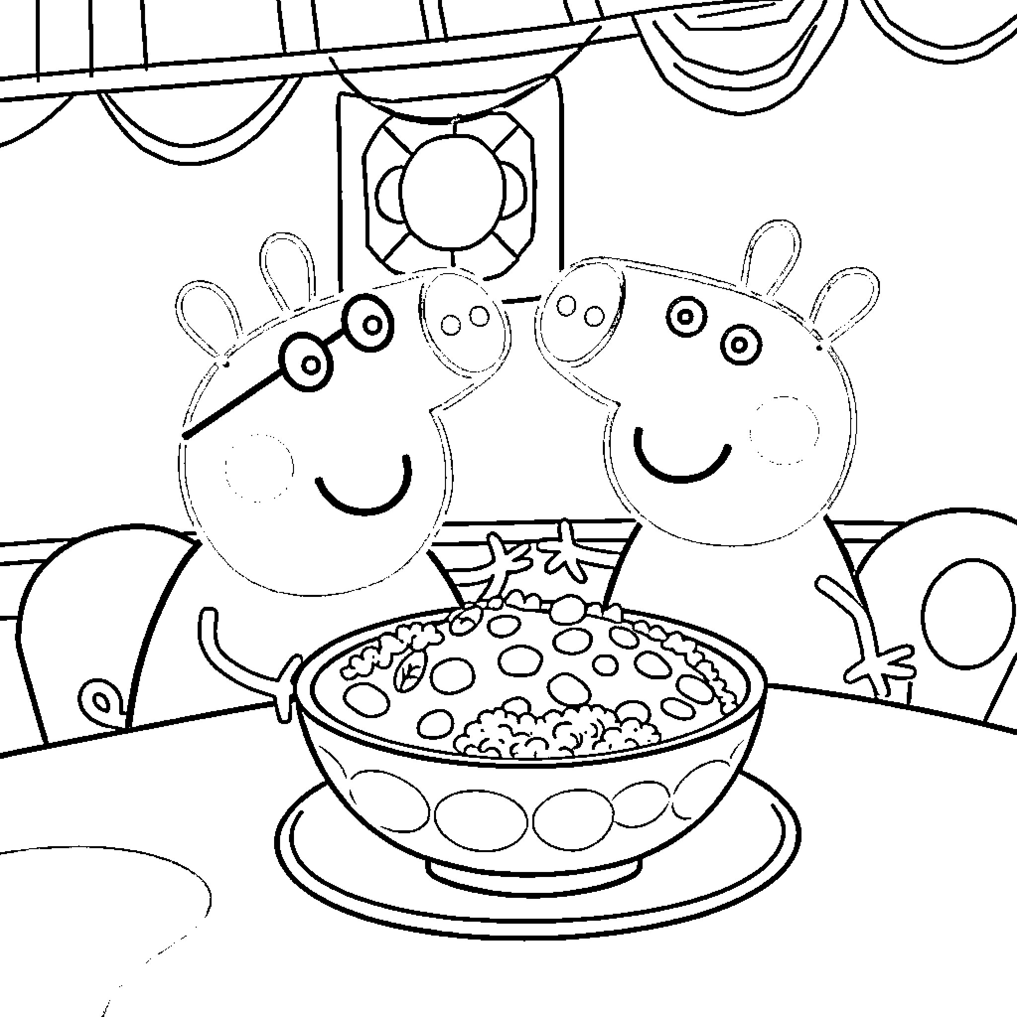 Peppa Pig and friends enjoying a meal together Coloring Page (free black-and-white line drawing printable PDF for all, from beginners to advanced learners, including children, teens, adults, and seniors)