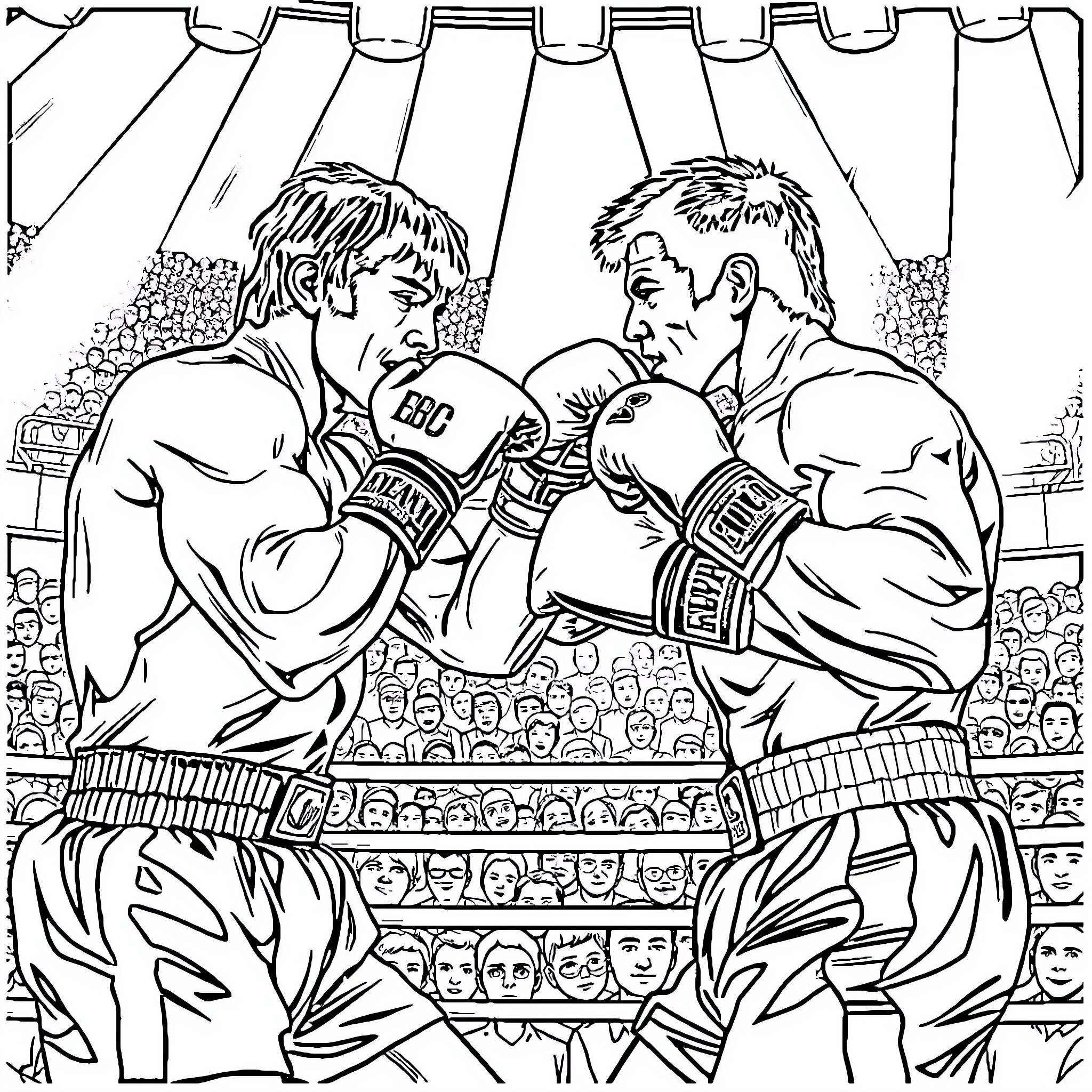 Boxing match with intense expressions and outfits Coloring Page (free black-and-white line drawing printable PDF for all, from beginners to advanced learners, including children, teens, adults, and seniors)