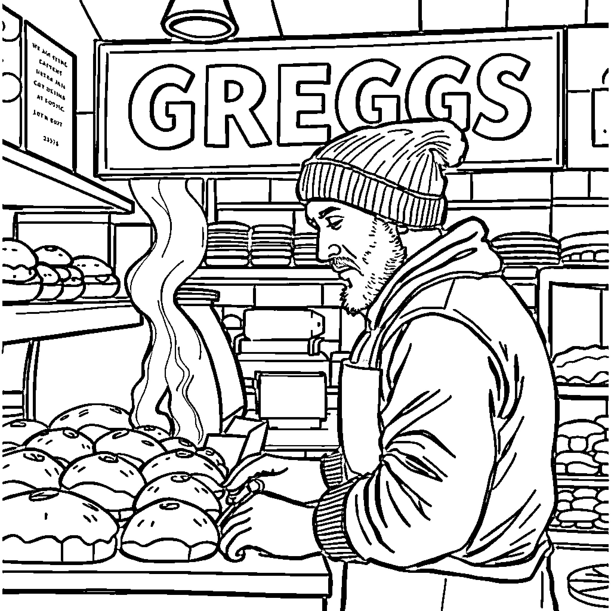 Man operating a bakery store selling pastries Coloring Page (free black-and-white line drawing printable PDF for all, from beginners to advanced learners, including children, teens, adults, and seniors)