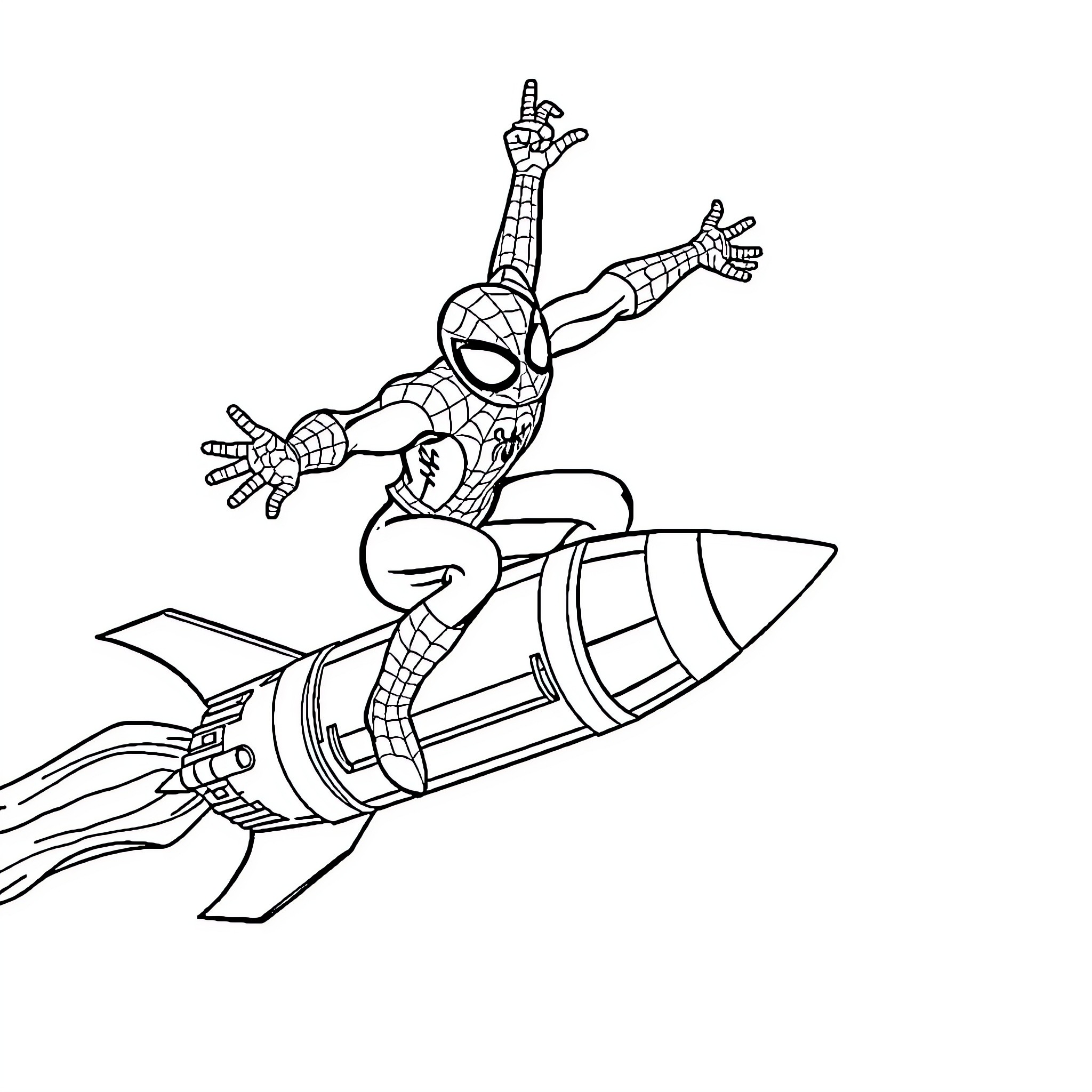 Spiderman soaring on a rocket Coloring Page (free black-and-white line drawing printable PDF for all, from beginners to advanced learners, including children, teens, adults, and seniors)