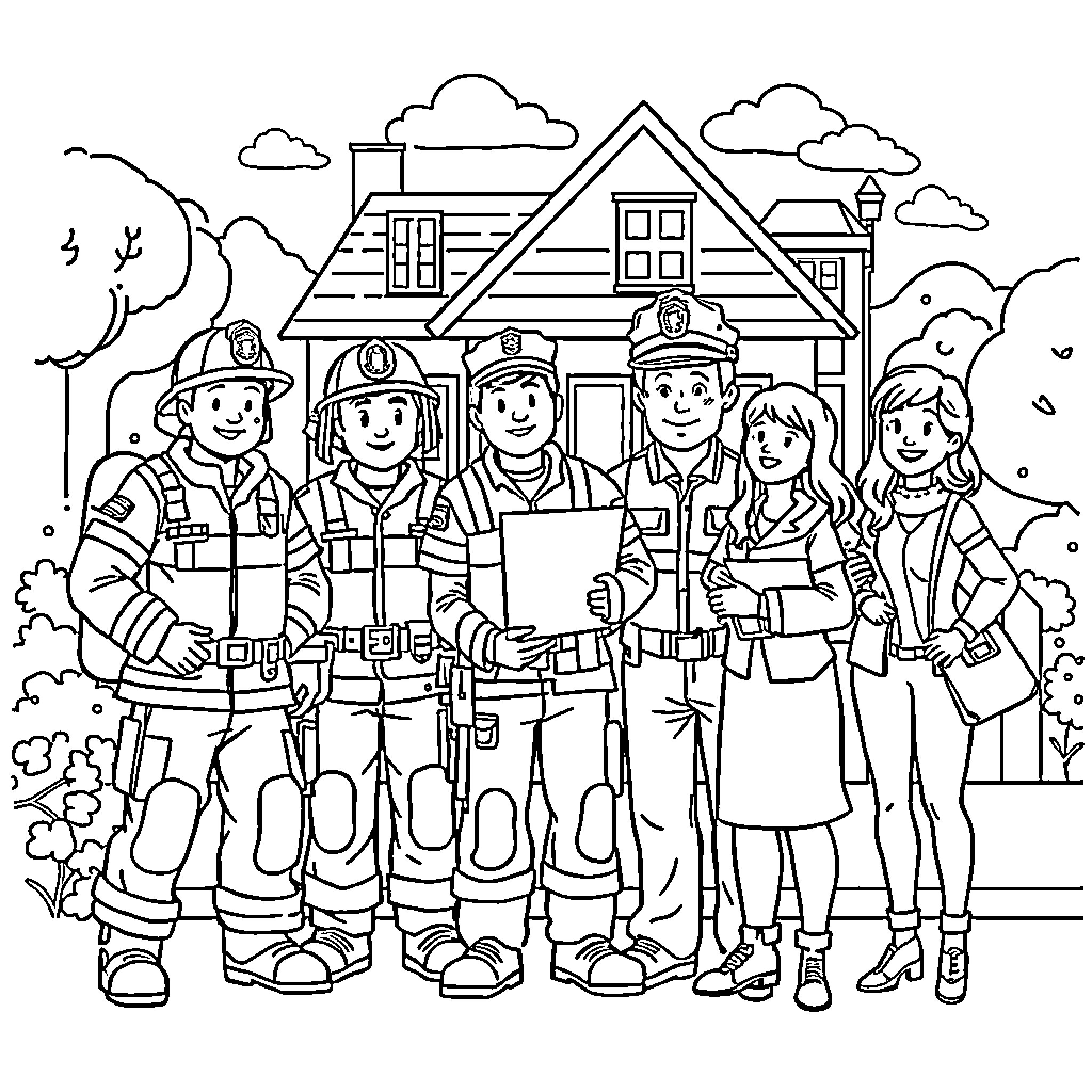 Community Helper Emergency Responders in Action Coloring Page (free black-and-white line drawing printable PDF for all, from beginners to advanced learners, including children, teens, adults, and seniors)
