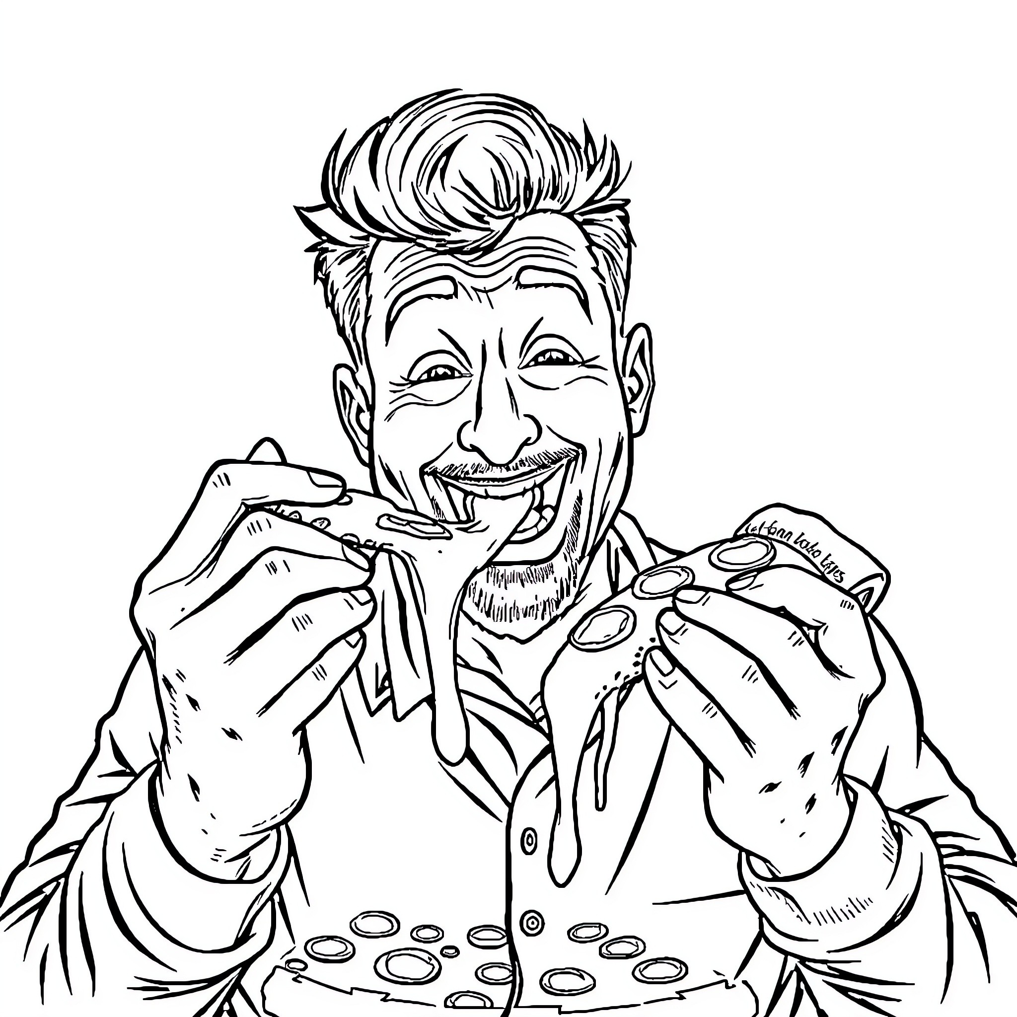 Man enjoying a tasty meal with enthusiasm Coloring Page (free black-and-white line drawing printable PDF for all, from beginners to advanced learners, including children, teens, adults, and seniors)