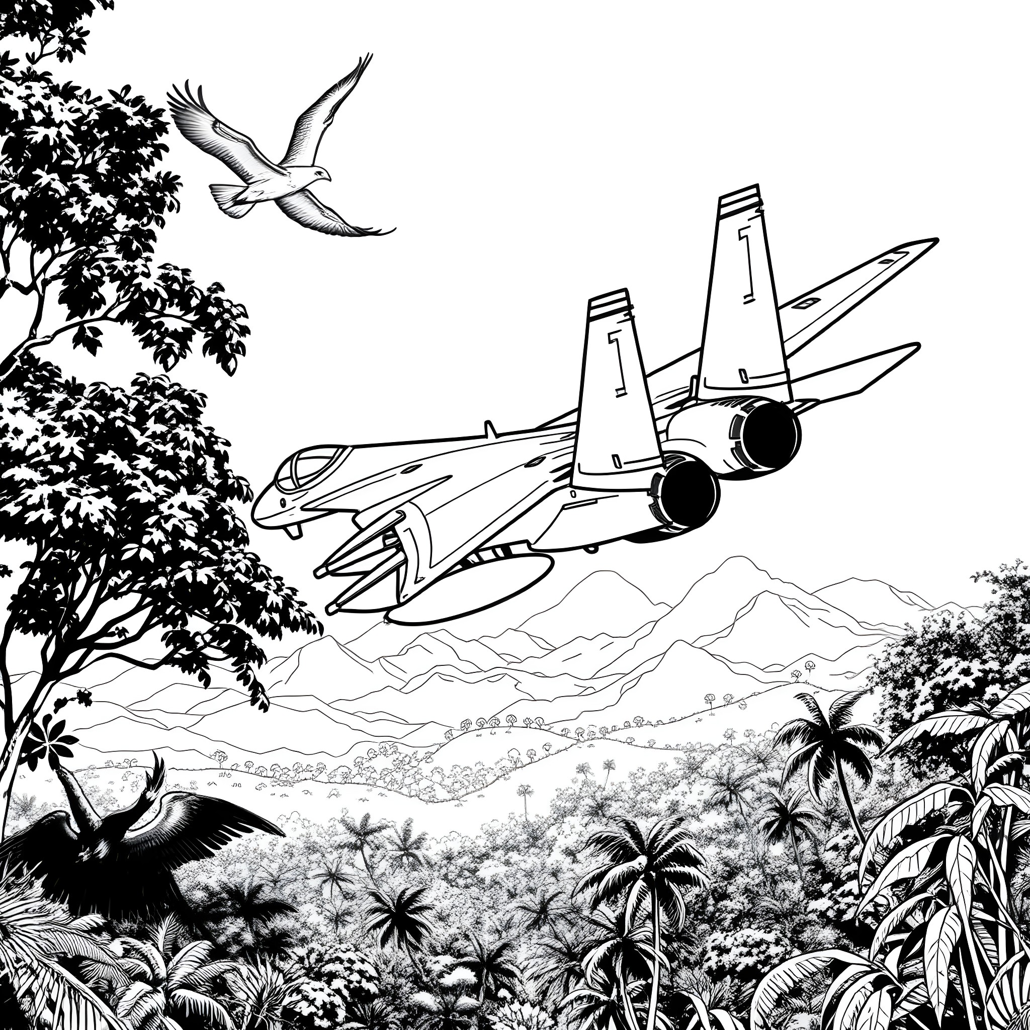 Eagle Soaring Over Fighter Jet in Lush Landscape Coloring Page (free black-and-white line drawing printable PDF for all, from beginners to advanced learners, including children, teens, adults, and seniors)