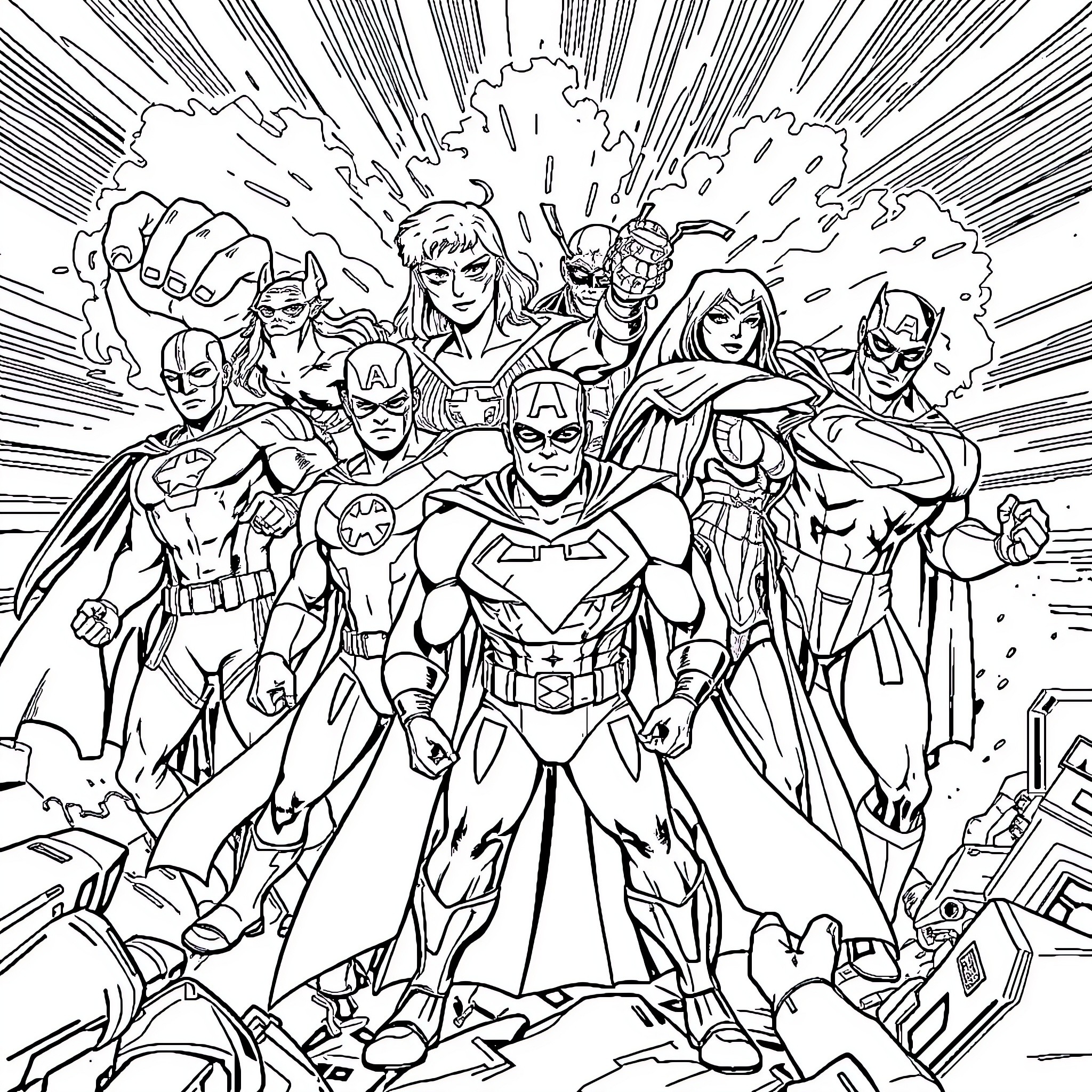 Hero Superheroes Unite for Epic Battle Coloring Page (free black-and-white line drawing printable PDF for all, from beginners to advanced learners, including children, teens, adults, and seniors)