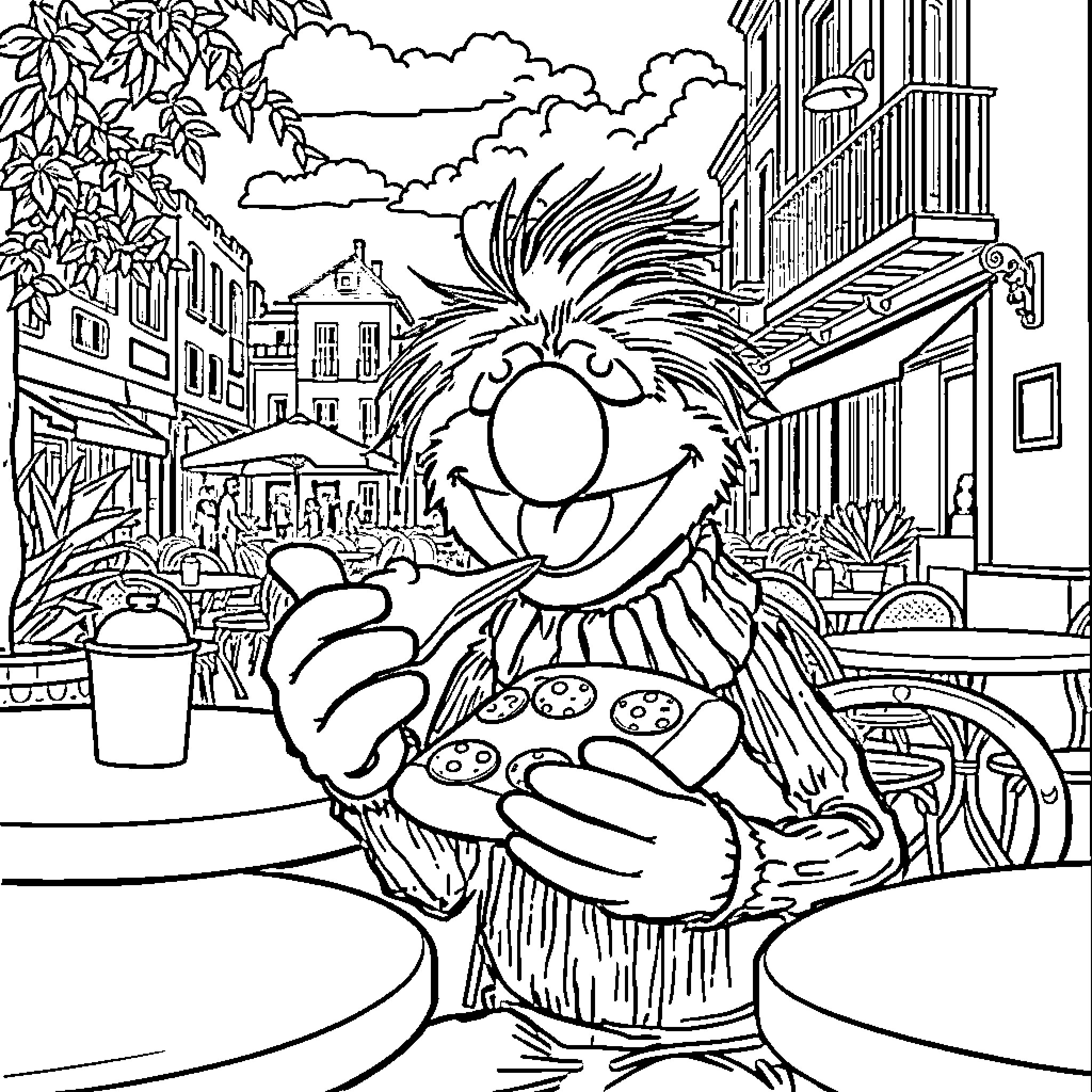 Walter's Whimsical Wanderings in the Cityscape Coloring Page (free black-and-white line drawing printable PDF for all, from beginners to advanced learners, including children, teens, adults, and seniors)
