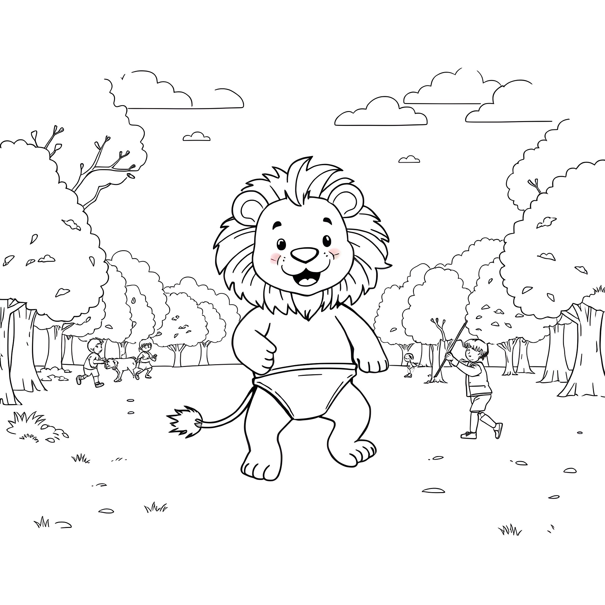 Lion relaxing in the serene forest landscape Coloring Page (free black-and-white line drawing printable PDF for all, from beginners to advanced learners, including children, teens, adults, and seniors)