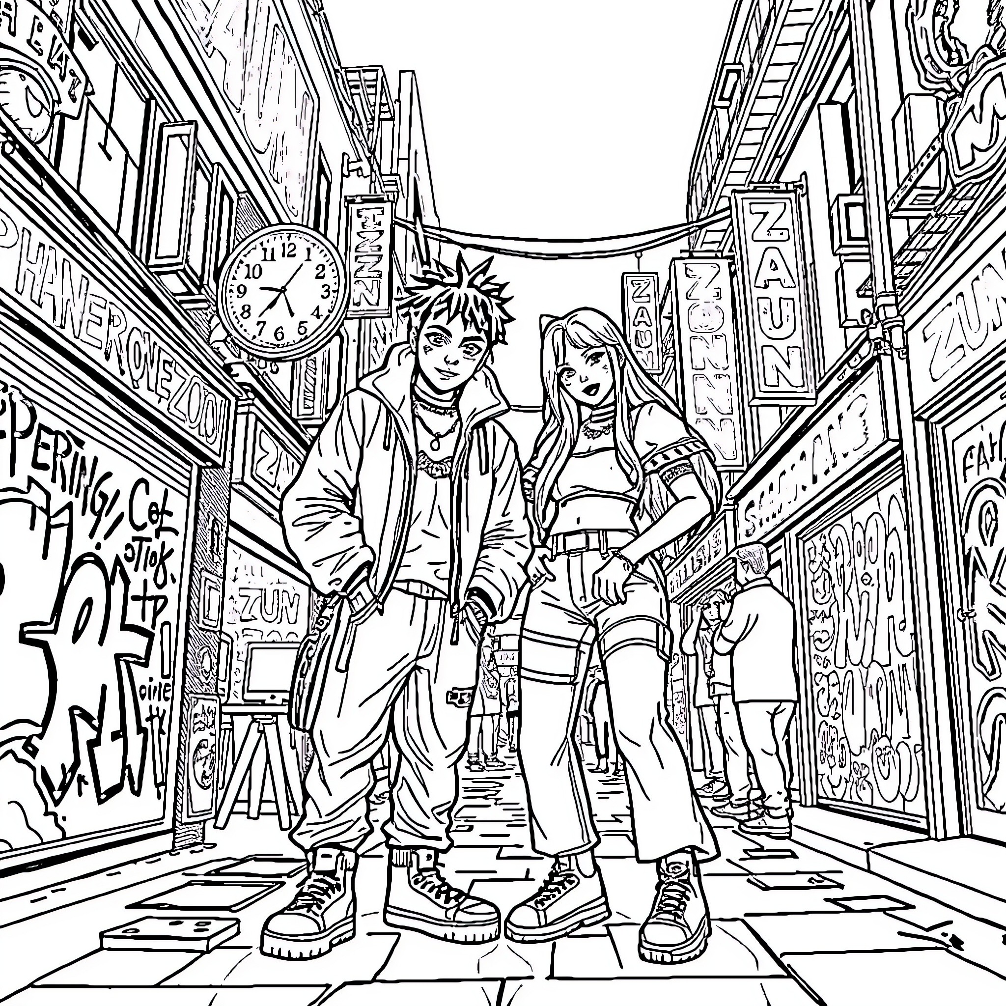 Jinx in the Graffiti-Filled Urban Alley Coloring Page (free black-and-white line drawing printable PDF for all, from beginners to advanced learners, including children, teens, adults, and seniors)