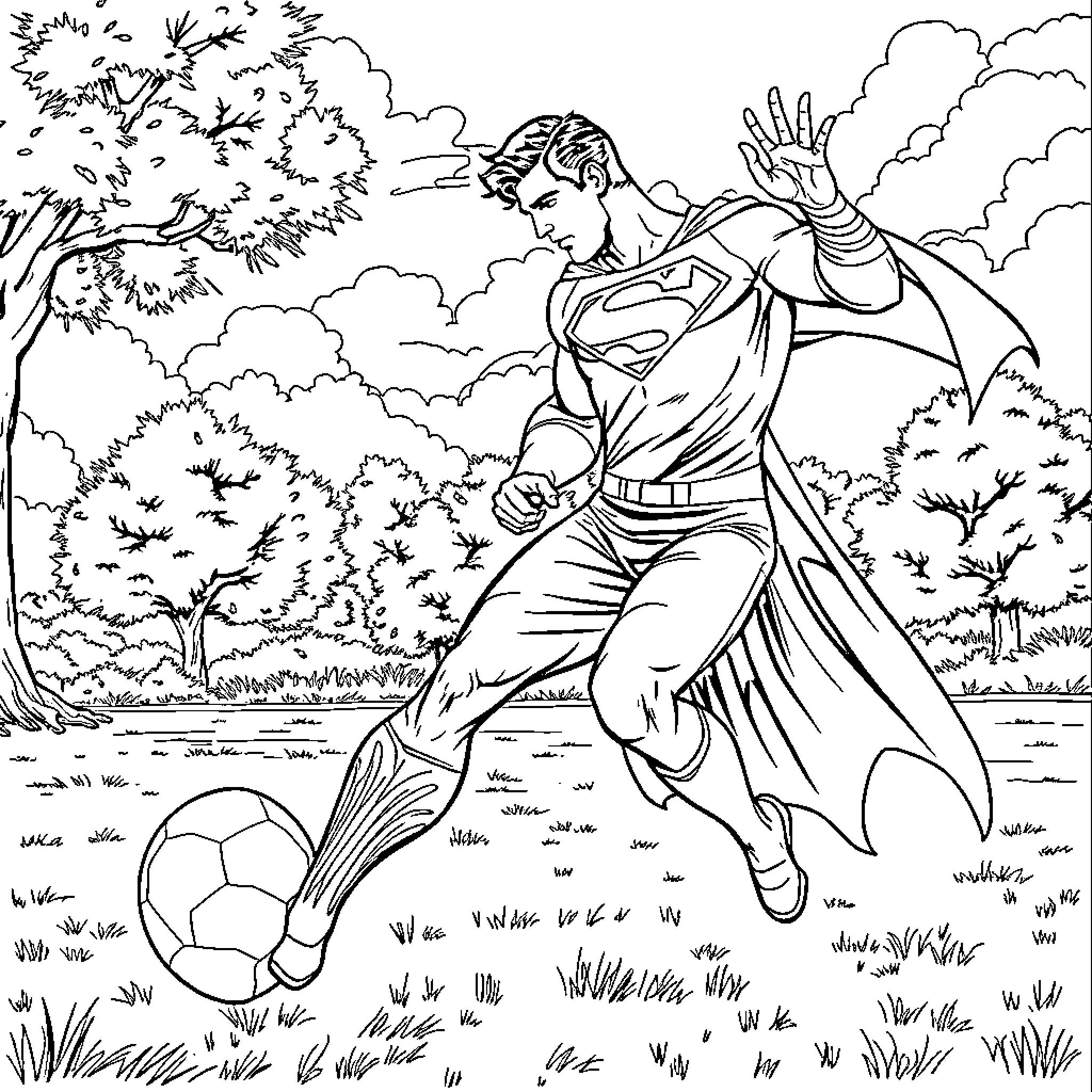 Superman soaring and kicking in outdoor scene Coloring Page (free black-and-white line drawing printable PDF for all, from beginners to advanced learners, including children, teens, adults, and seniors)