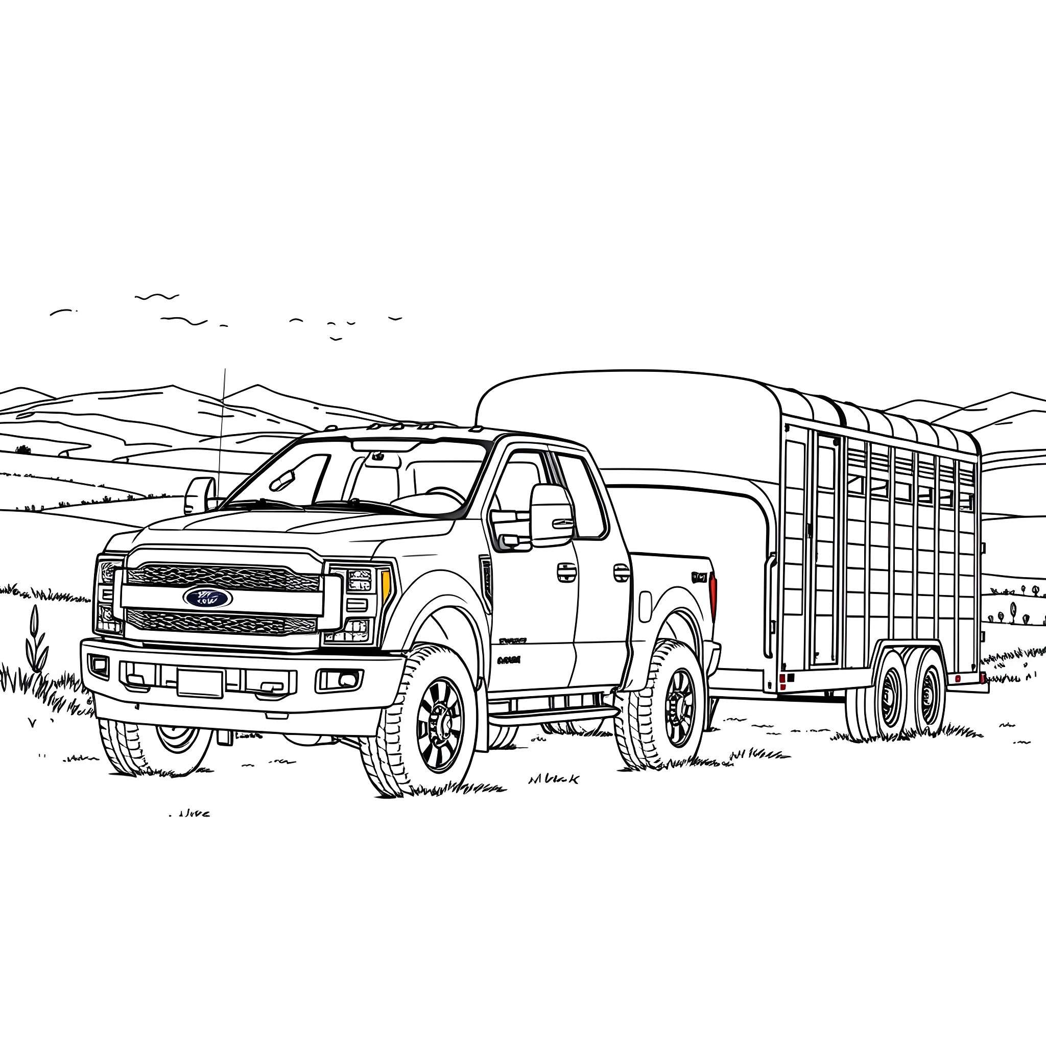Pickup Truck Transporting Cargo Through Scenic Landscape Coloring Page (free black-and-white line drawing printable PDF for all, from beginners to advanced learners, including children, teens, adults, and seniors)