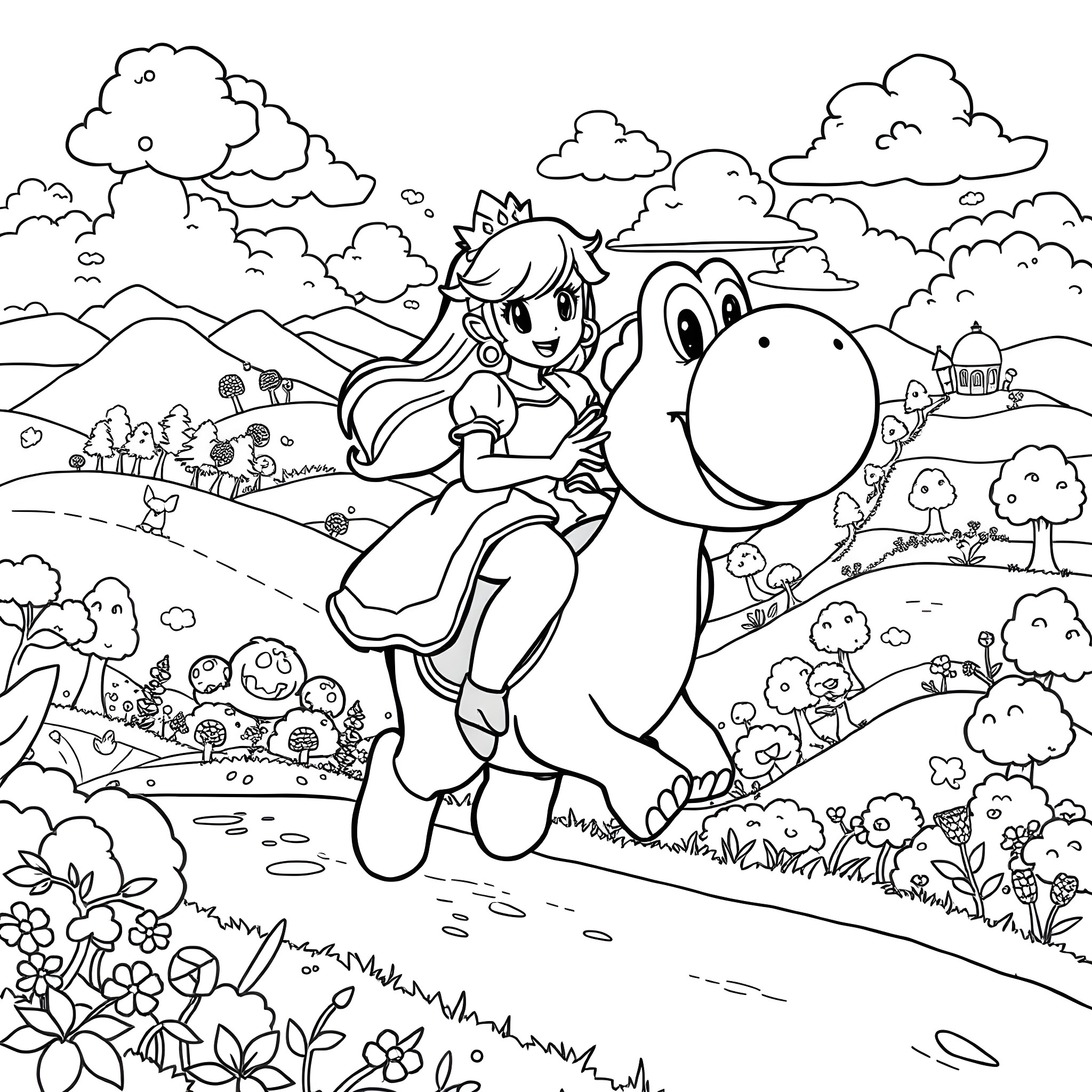 Princess Riding a Friendly Dinosaur in a Whimsical Landscape Coloring Page (free black-and-white line drawing printable PDF for all, from beginners to advanced learners, including children, teens, adults, and seniors)