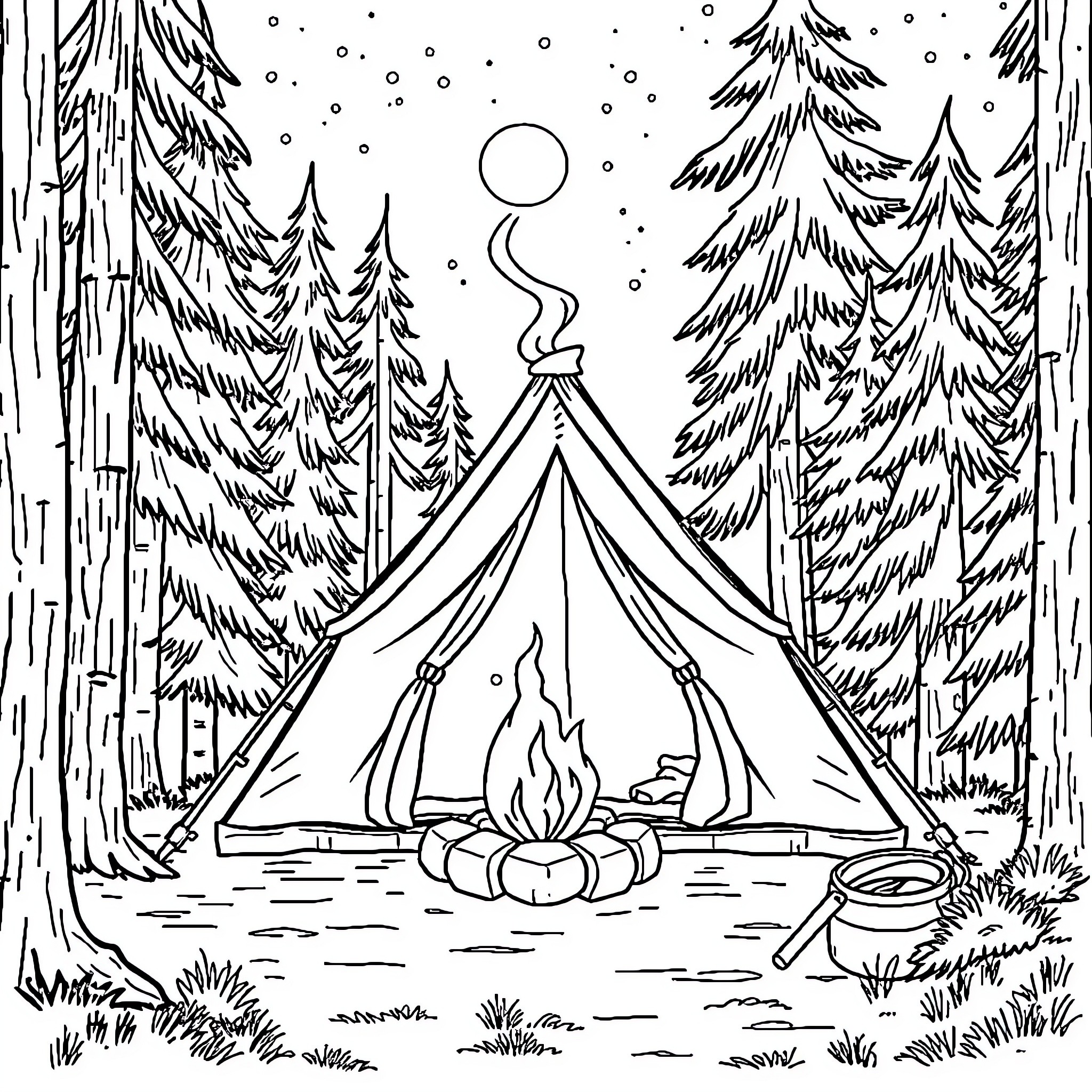 Camping in the snowy winter forest Coloring Page (free black-and-white line drawing printable PDF for all, from beginners to advanced learners, including children, teens, adults, and seniors)