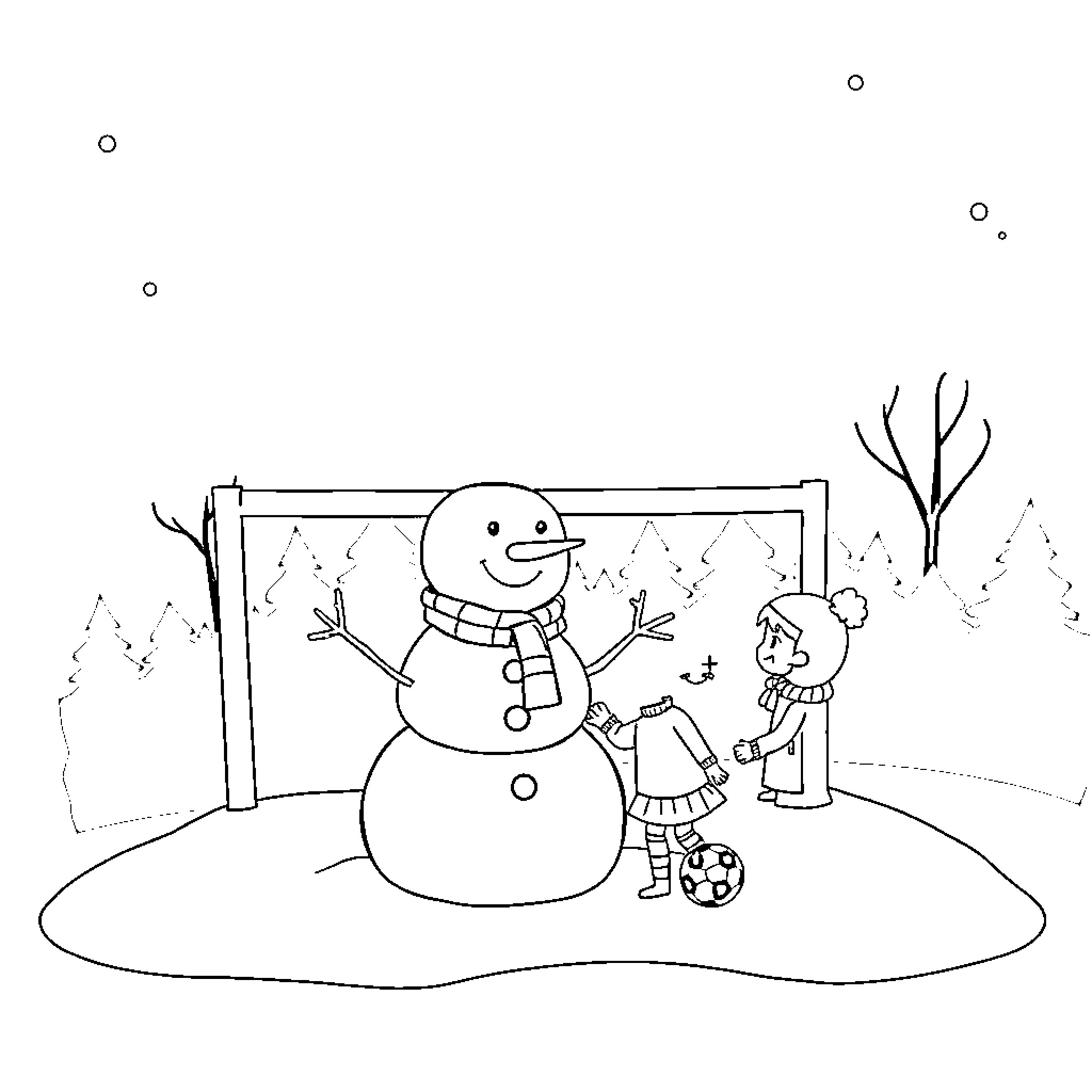 Snowman greeting children in winter wonderland Coloring Page (free black-and-white line drawing printable PDF for all, from beginners to advanced learners, including children, teens, adults, and seniors)