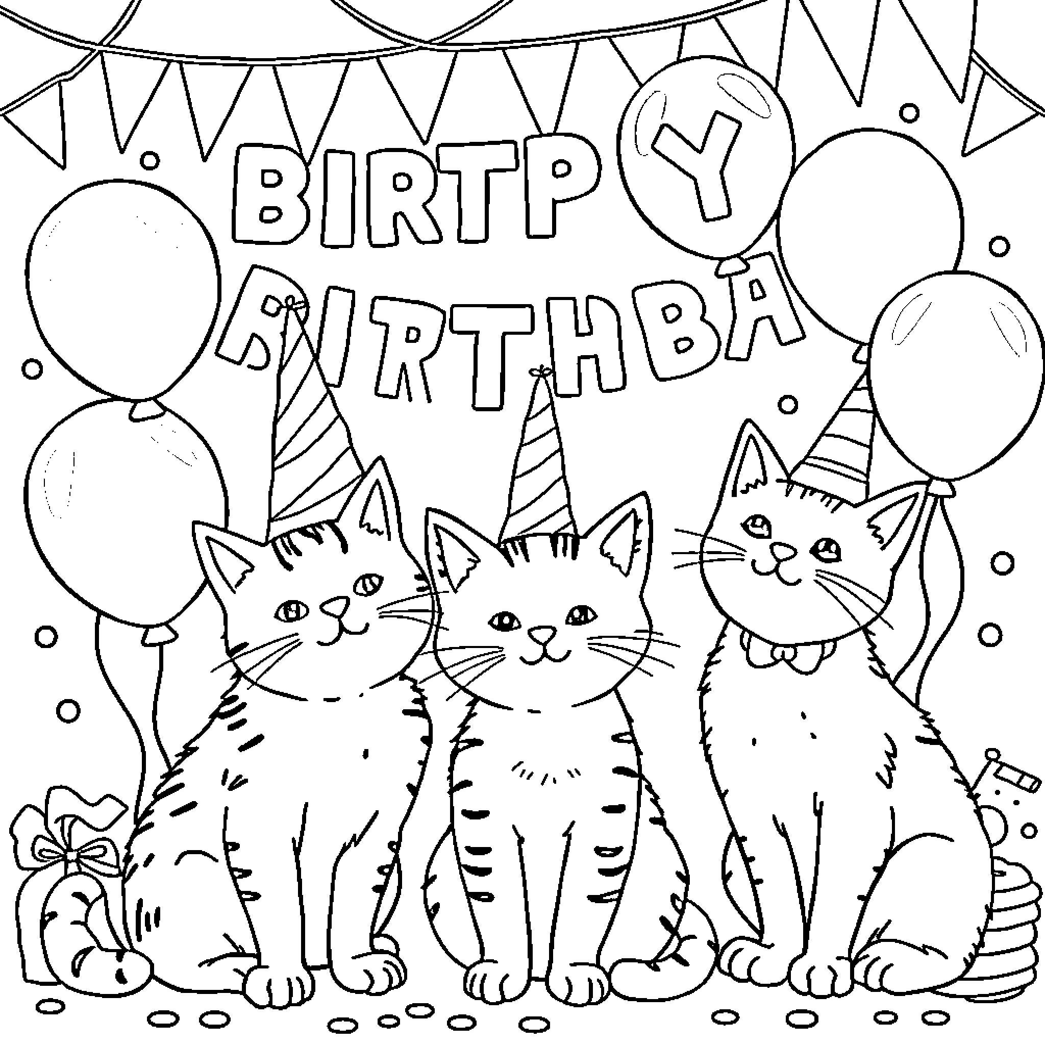 Cat Birthday Party Celebration Coloring Page (free black-and-white line drawing printable PDF for all, from beginners to advanced learners, including children, teens, adults, and seniors)